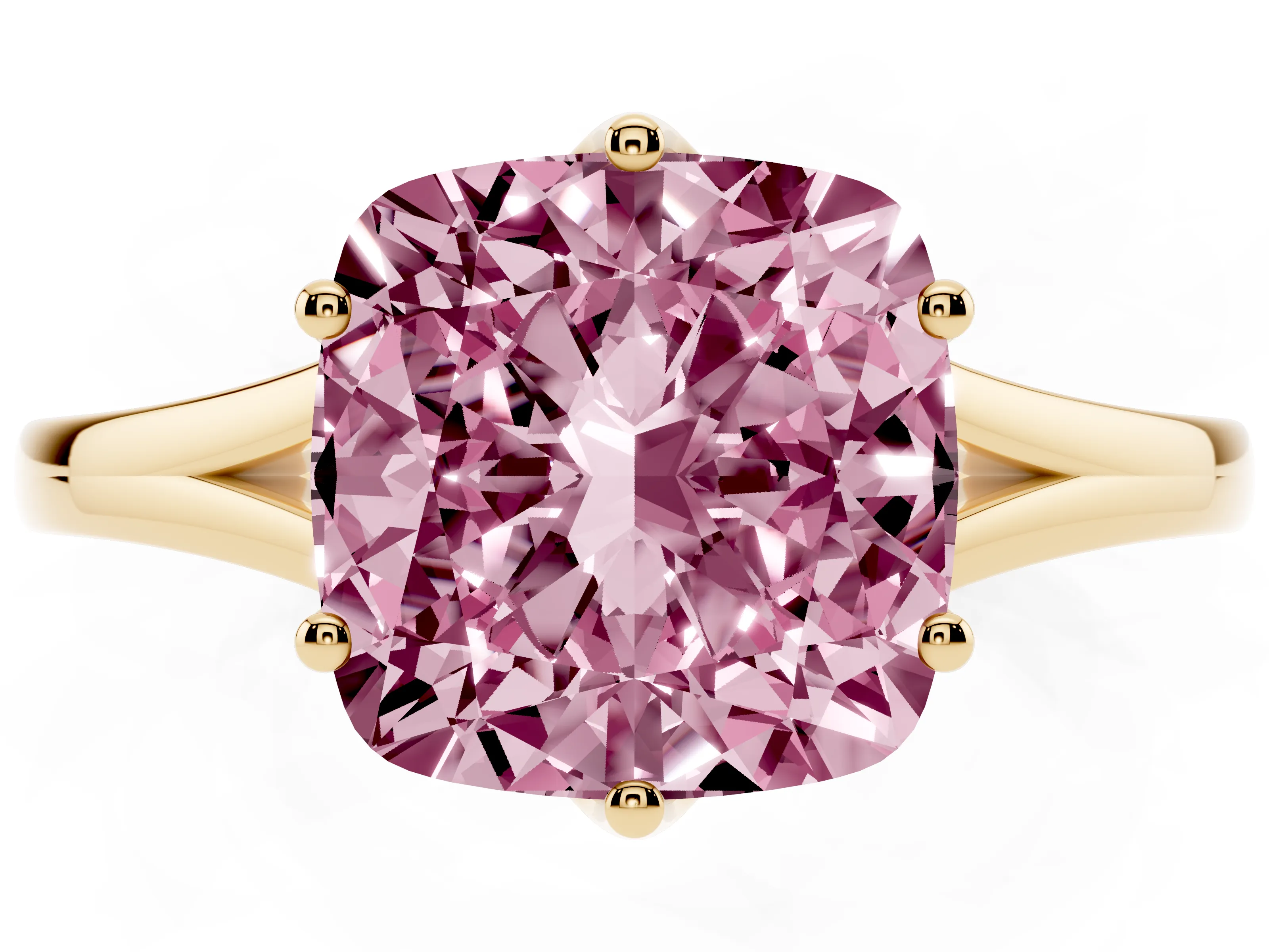 Fancy Pink Cushion Cut Diamond Solitaire Ring Set in Yellow gold with Polished Tapered Band and Prong Setting