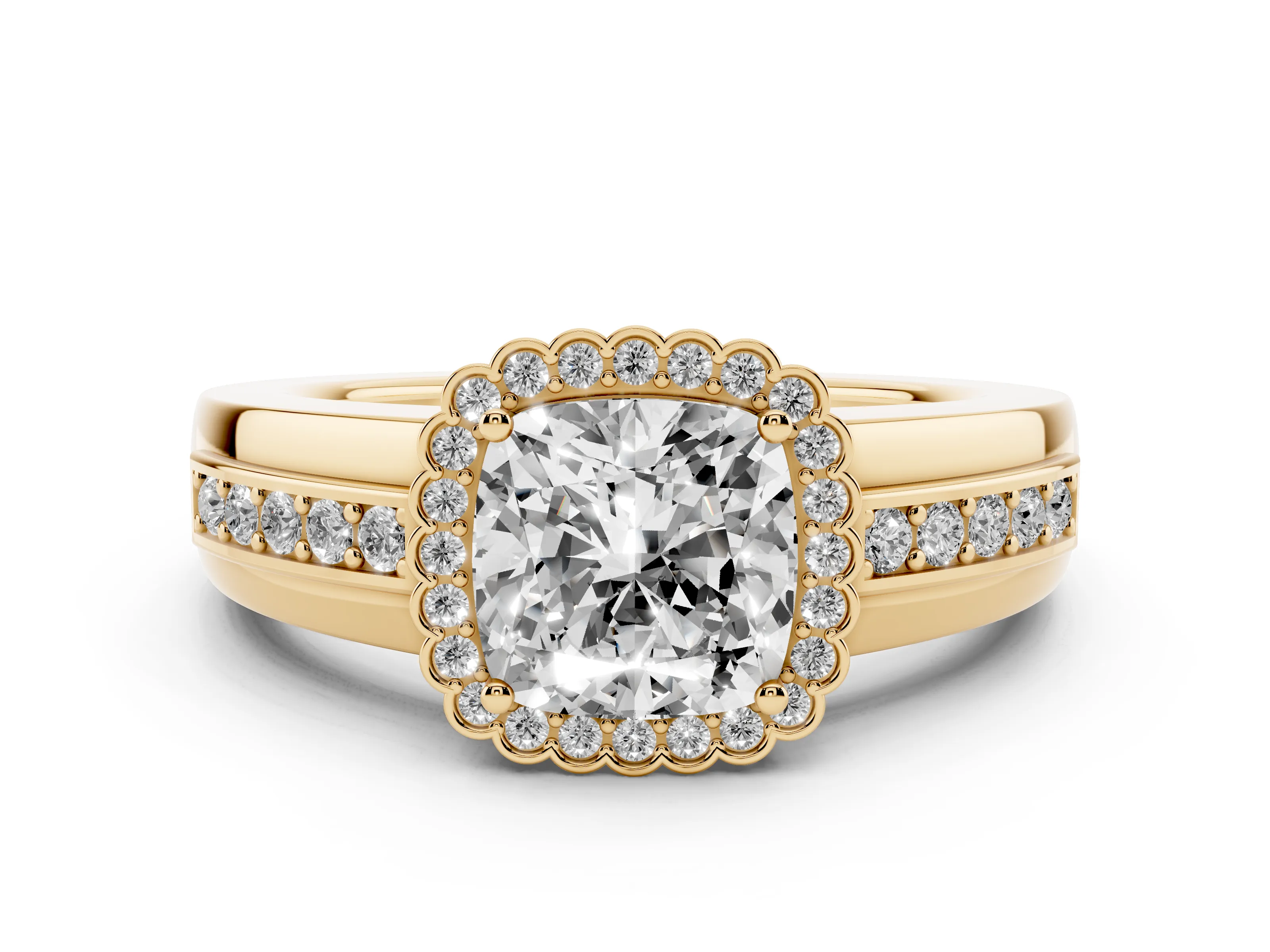 Cushion Cut Diamond Halo Prong Ring Set in Yellow gold with Pavé Band