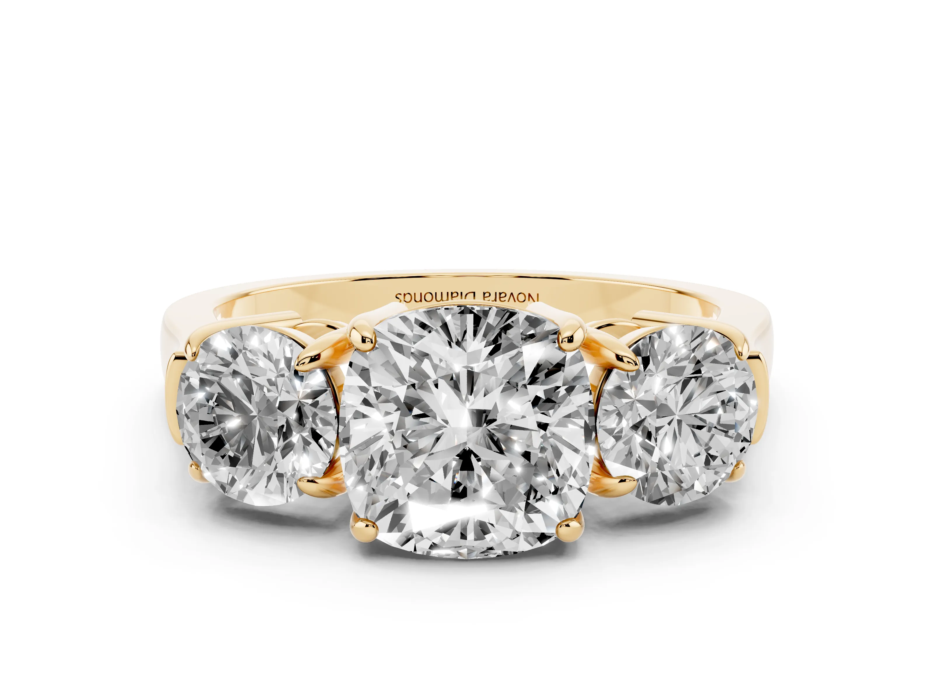 Cushion Cut Diamond Three-Stone Ring Set in Yellow gold with Round Accent Stones and Plain Band