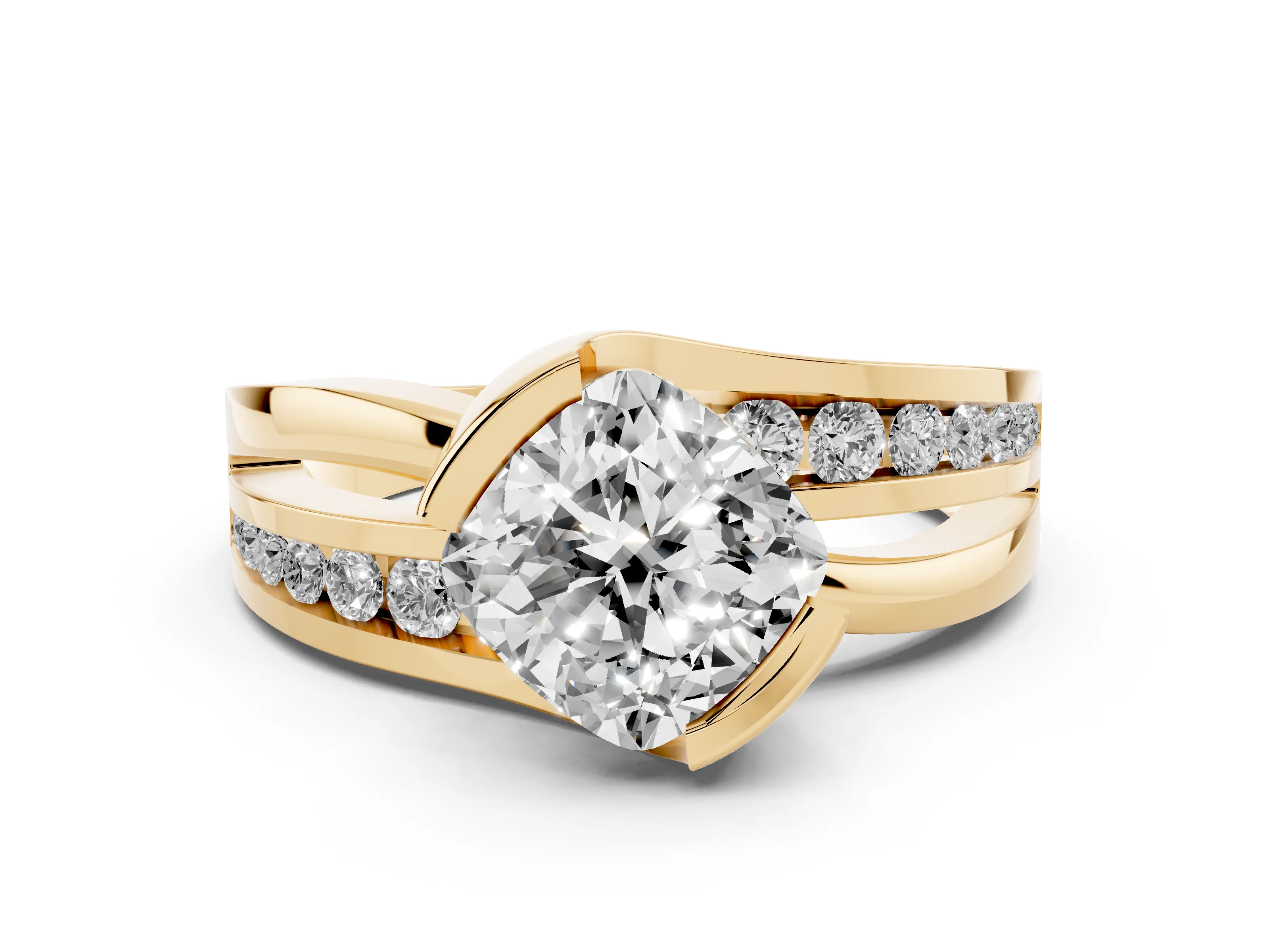 Cushion Cut Diamond Solitaire Ring Set in Yellow gold with Channel Set Split Shank and Tension Prongs