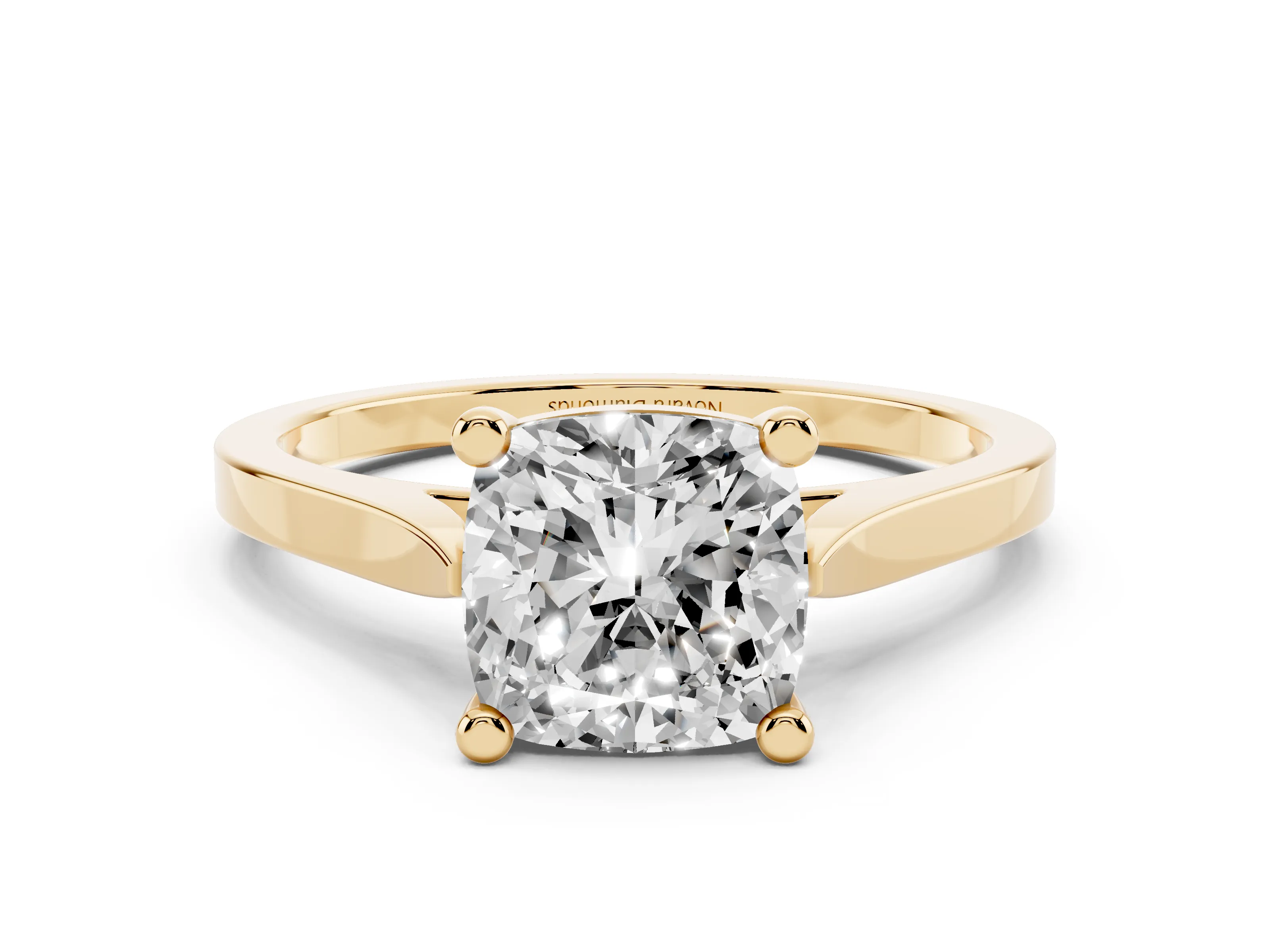 Cushion Cut Diamond Solitaire Ring Set in Yellow gold with Prong Setting and Tapered Band