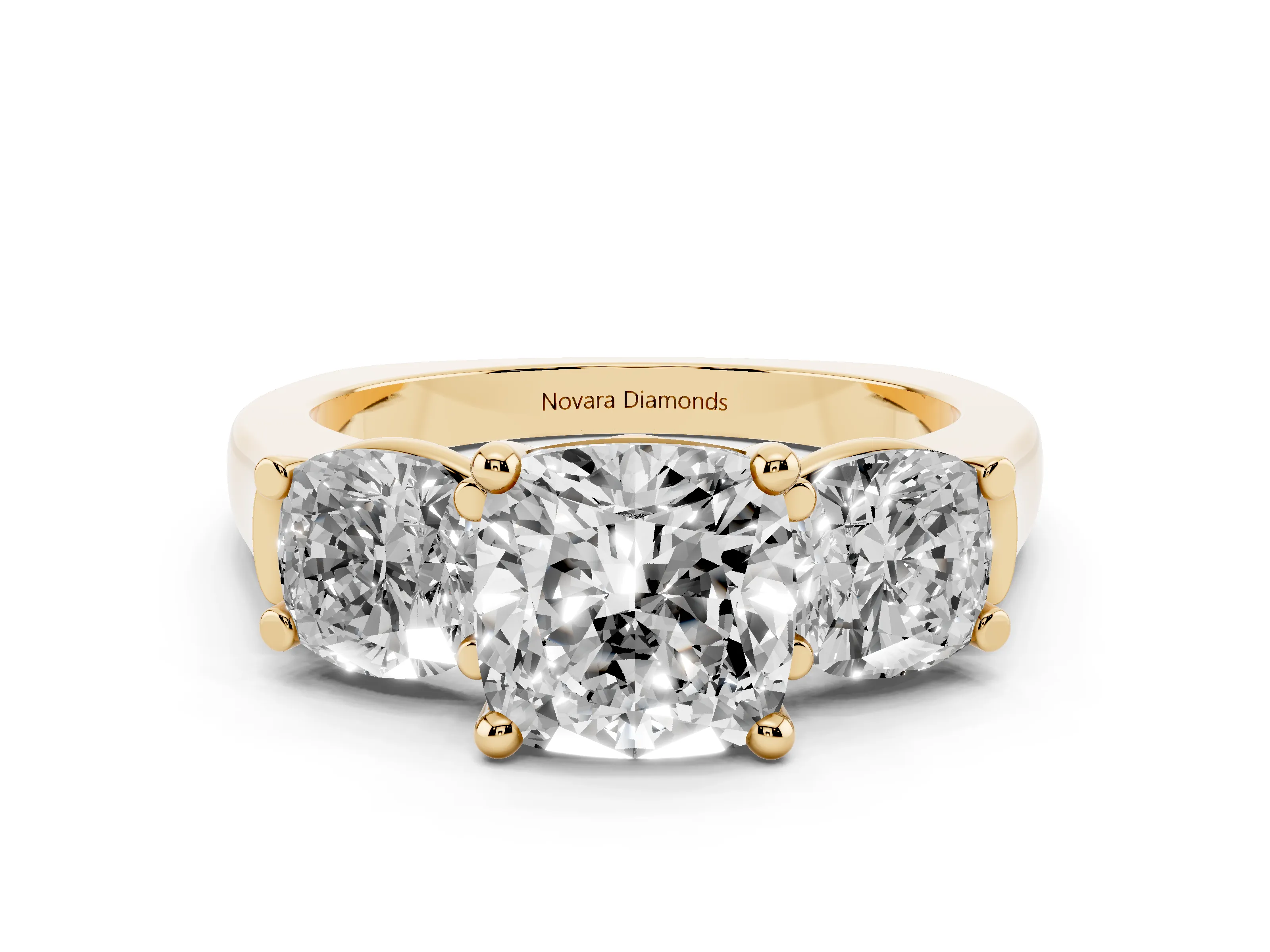 Cushion Cut Diamond Three-Stone Trellis Ring Set in Yellow gold with Comfort Fit Band