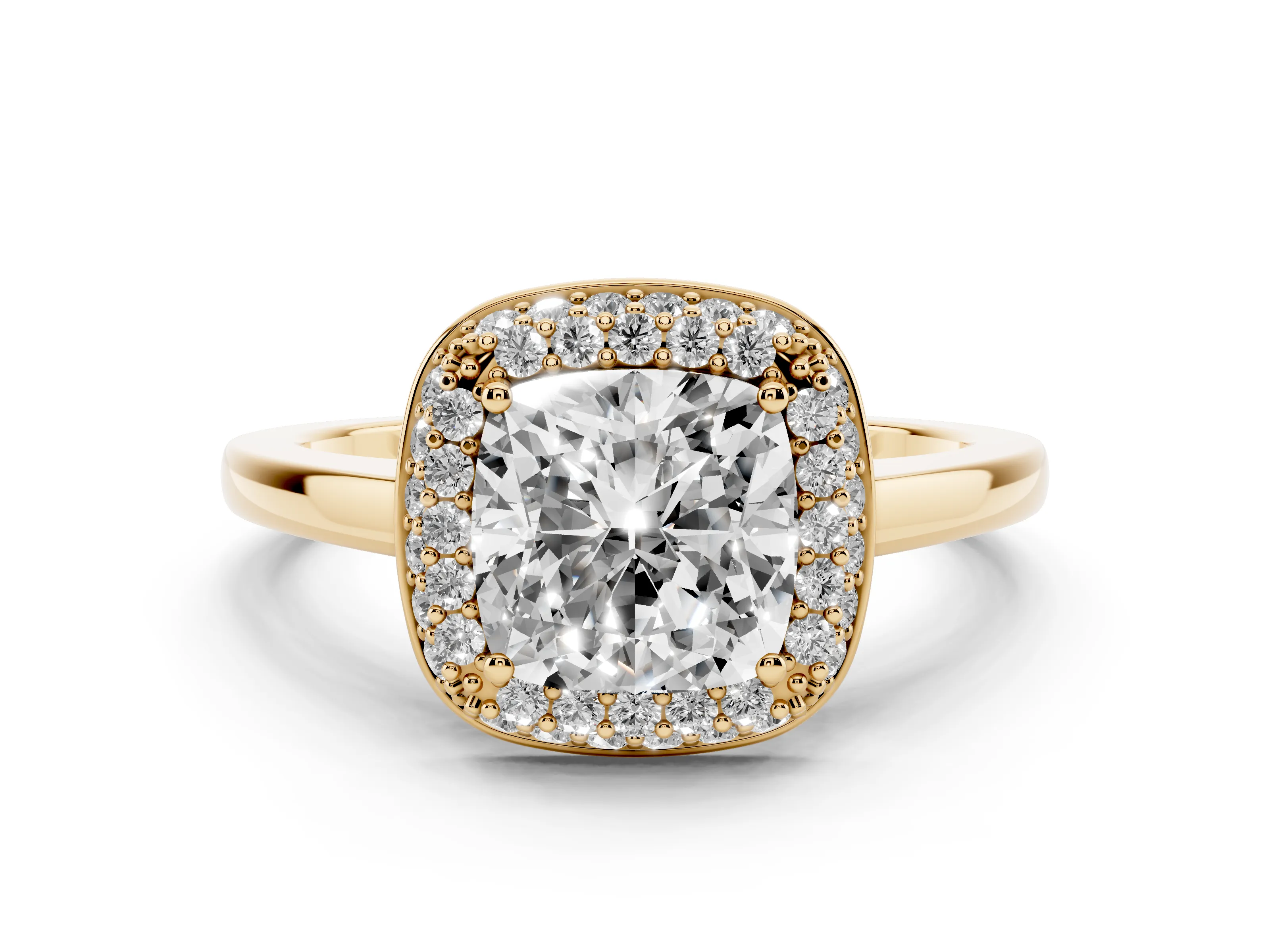 Cushion Cut Diamond Halo Engagement Ring Set in Yellow gold with Solitaire Band and Prong Setting