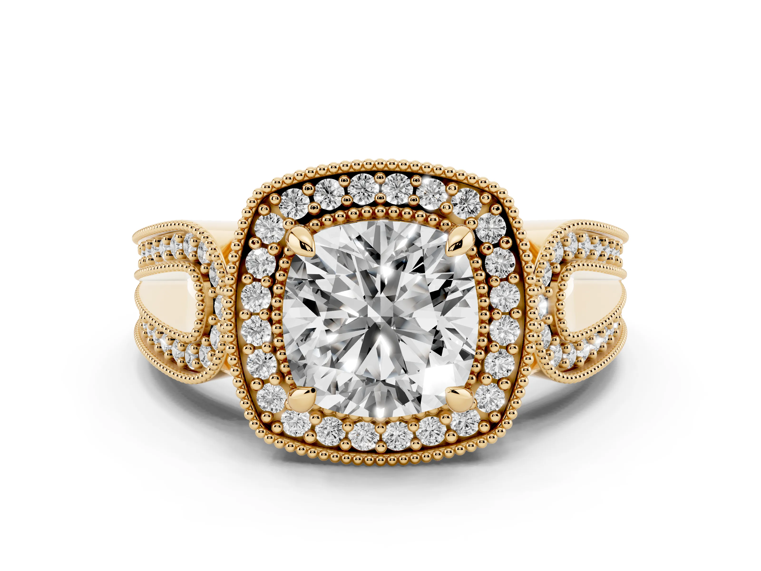 Cushion Cut Diamond Halo Ring Set in Yellow gold with Milgrain Accent Split Shank