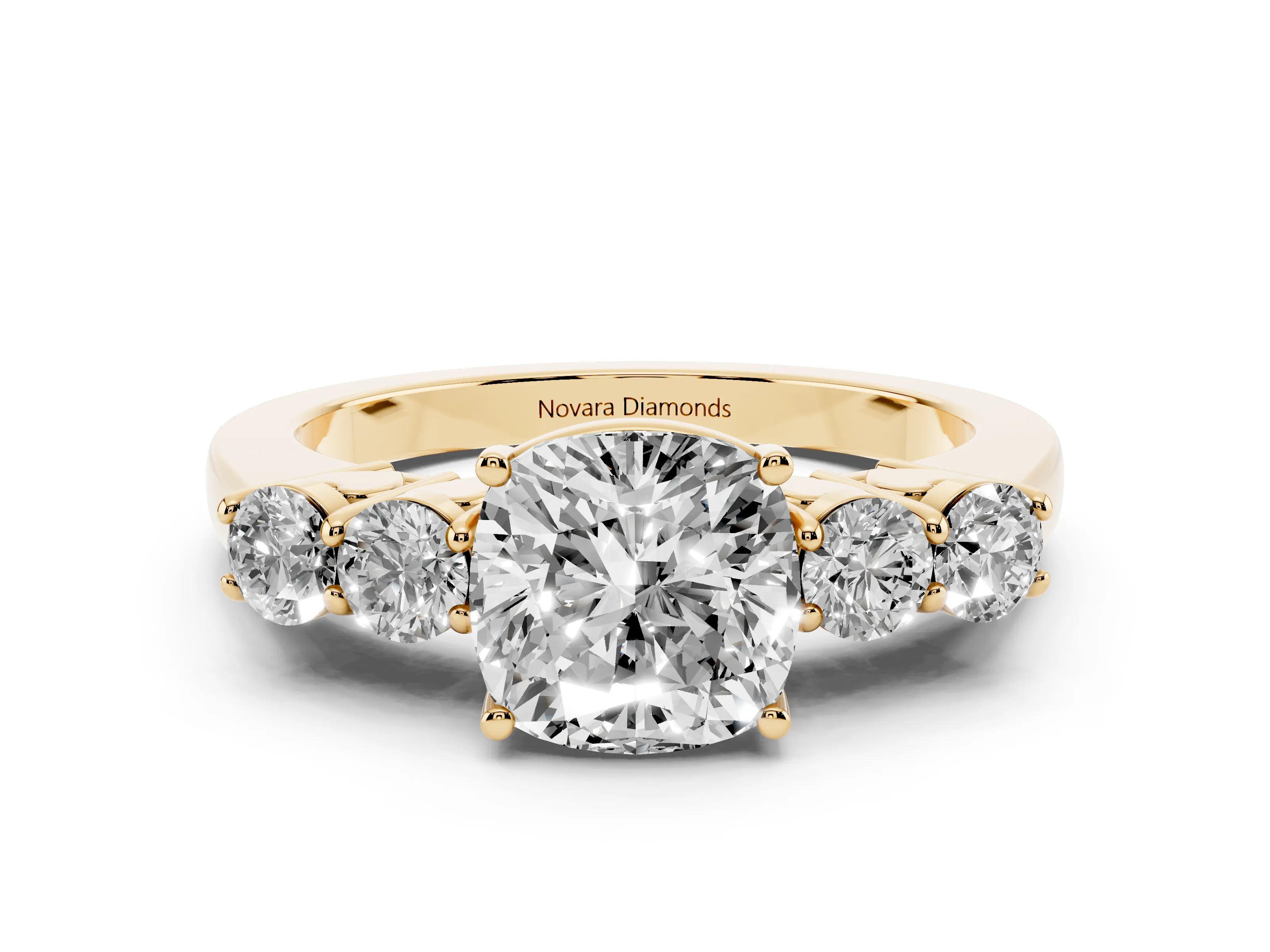 Cushion Cut Diamond Five-Stone Prong Set Band Ring Set in Yellow gold with Polished Band