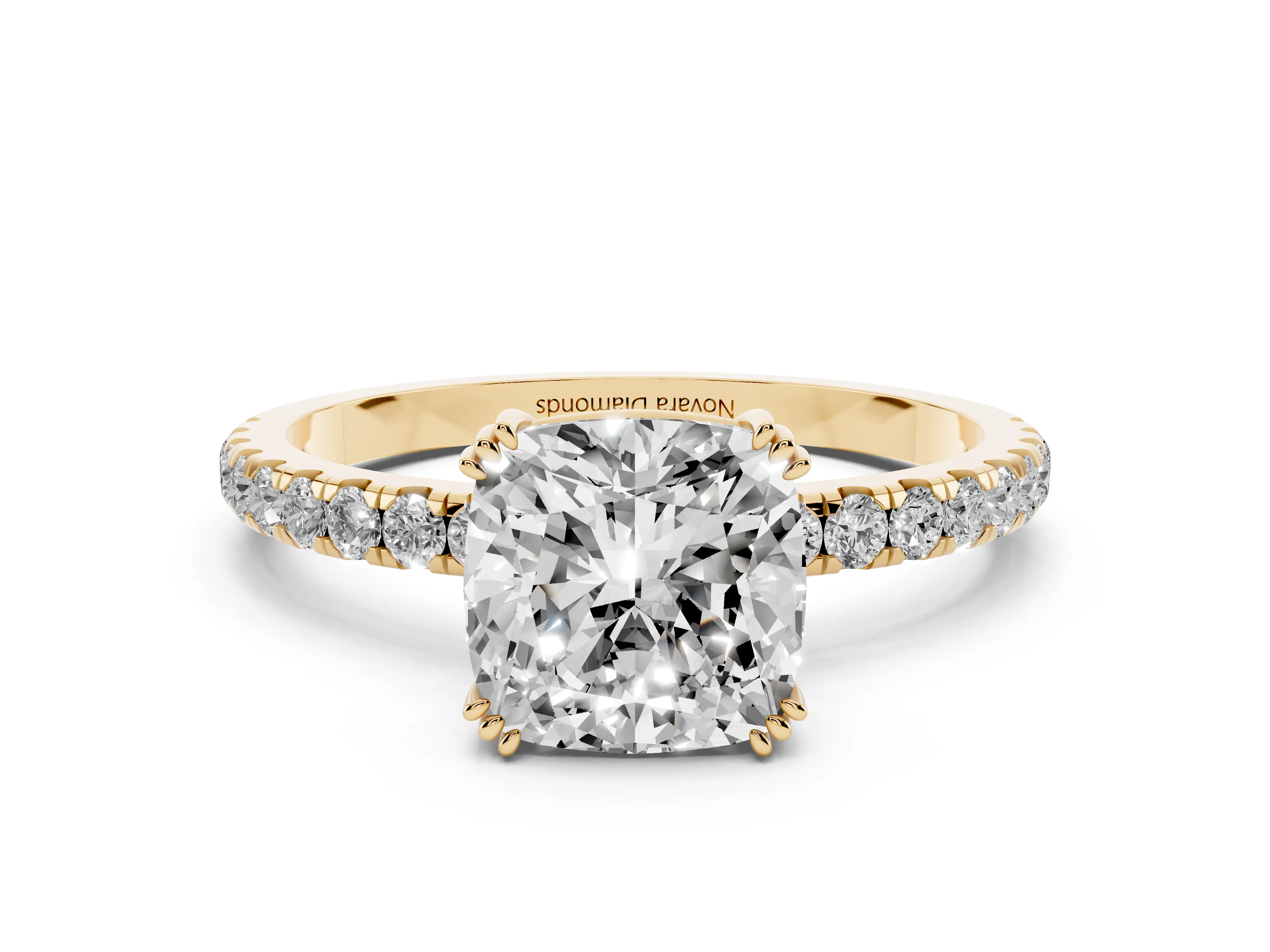 Cushion Cut Diamond Brilliant Solitaire Set in Yellow gold with Pavé Band and Claw Prong Setting