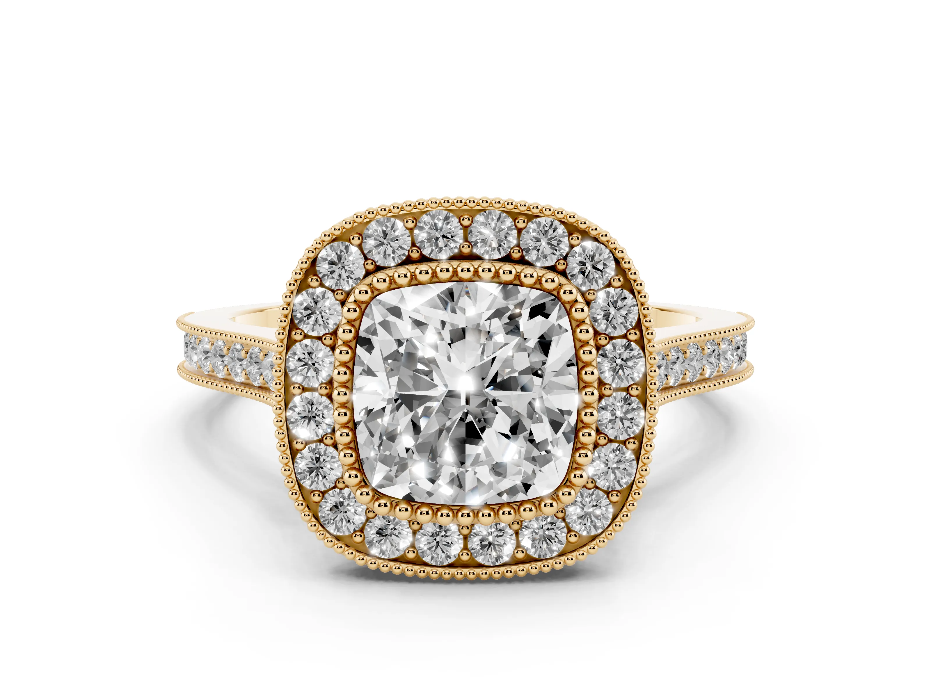 Cushion Cut Diamond Halo Ring Set in Yellow gold with Milgrain Frame and Pavé Band