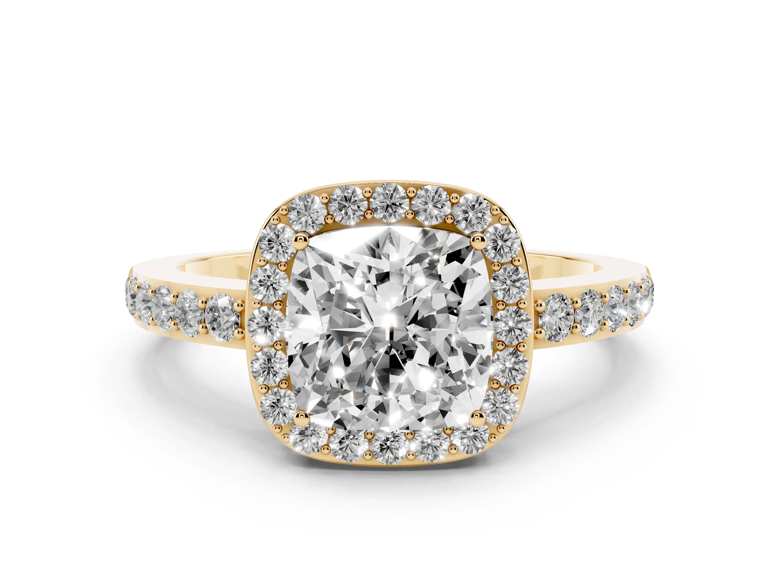 Cushion Cut Diamond Halo Ring Set in Yellow gold with Pavé-Setting Band and Open Prong Center