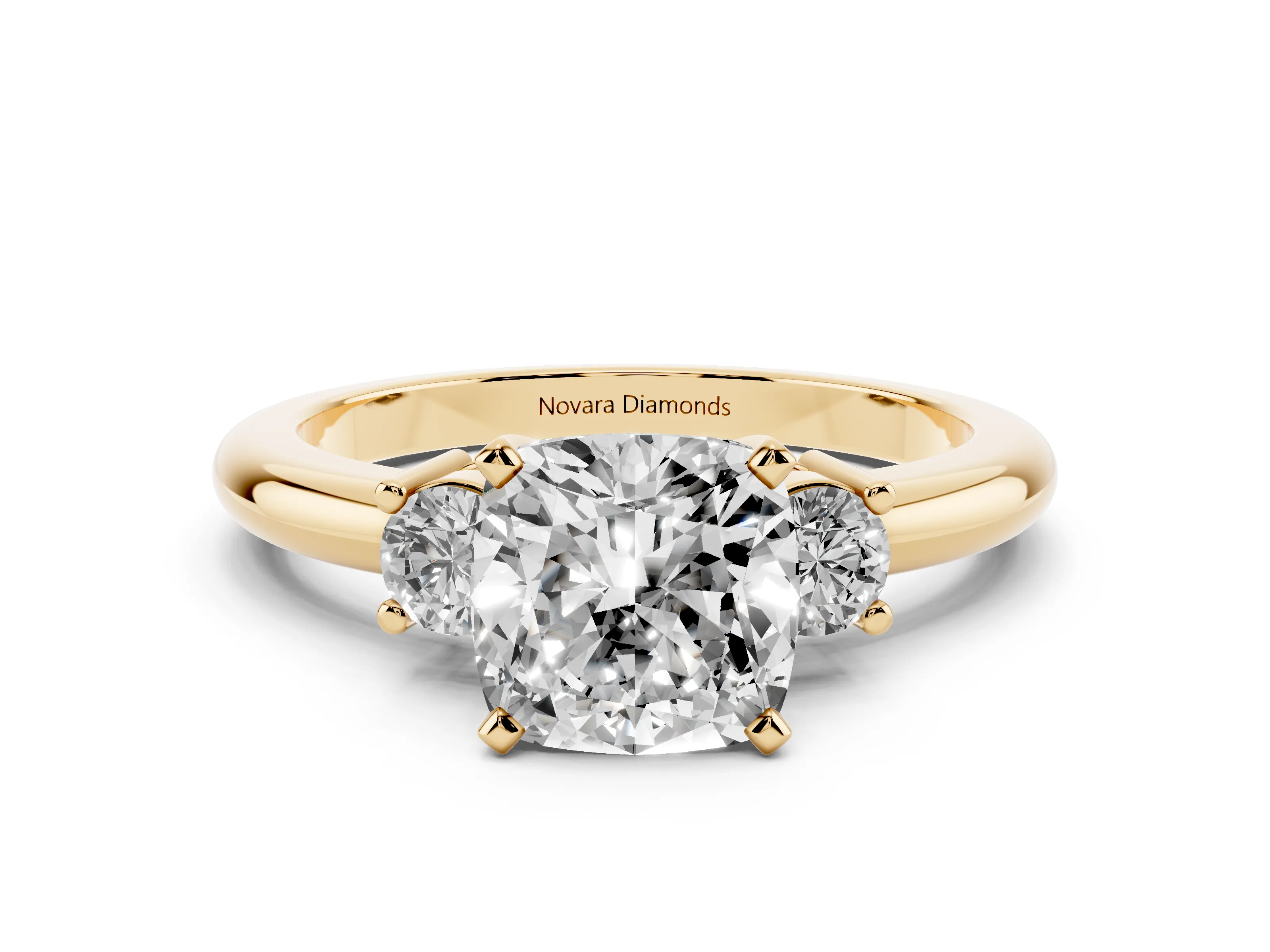 Three-Stone Cushion Cut Diamond Ring Set in Yellow gold with Prong Setting and Plain Band