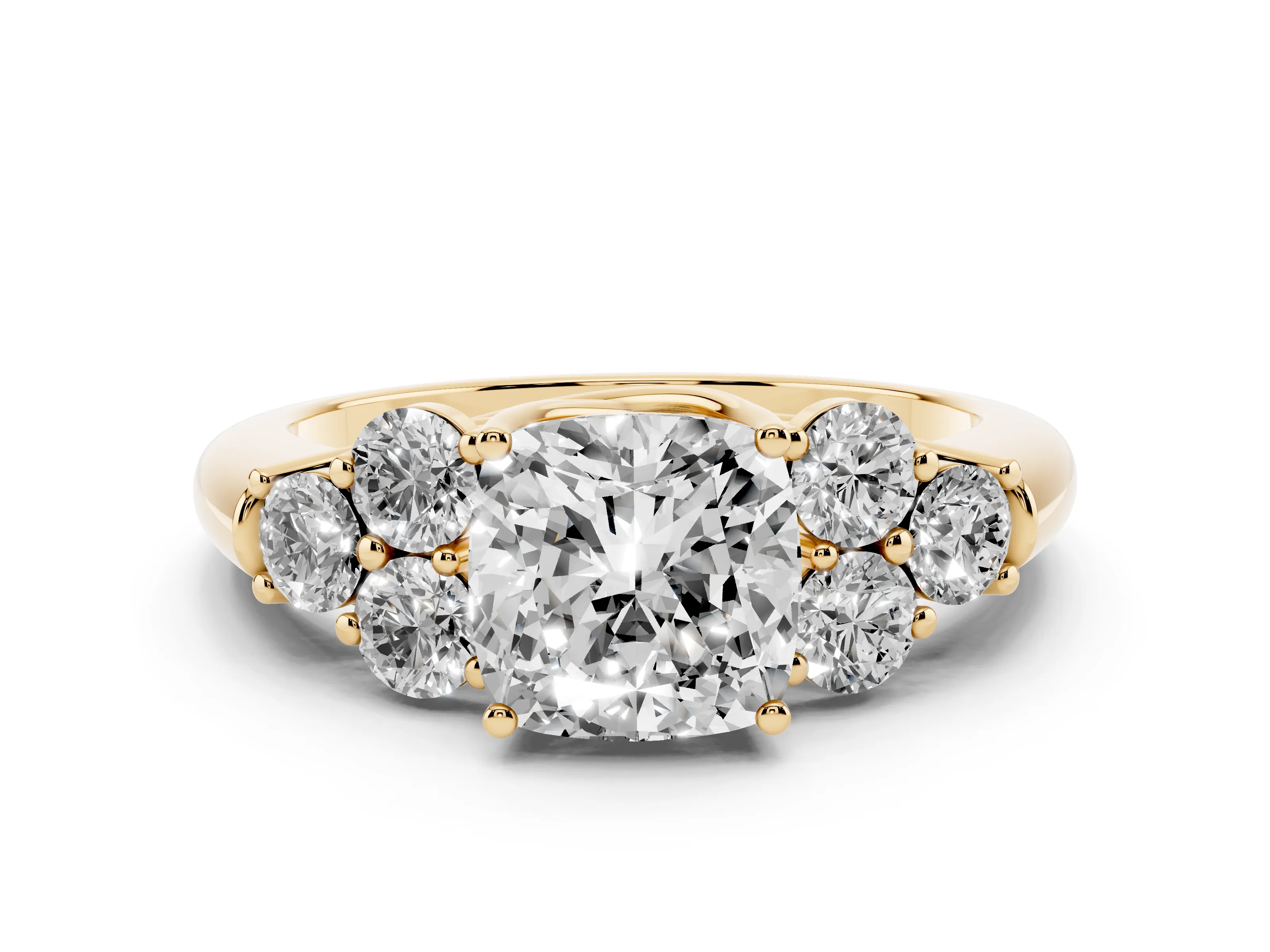 Cushion Cut Diamond Cluster Ring Set in Yellow gold with Round Accent Stones and Prong Setting on a Plain Band