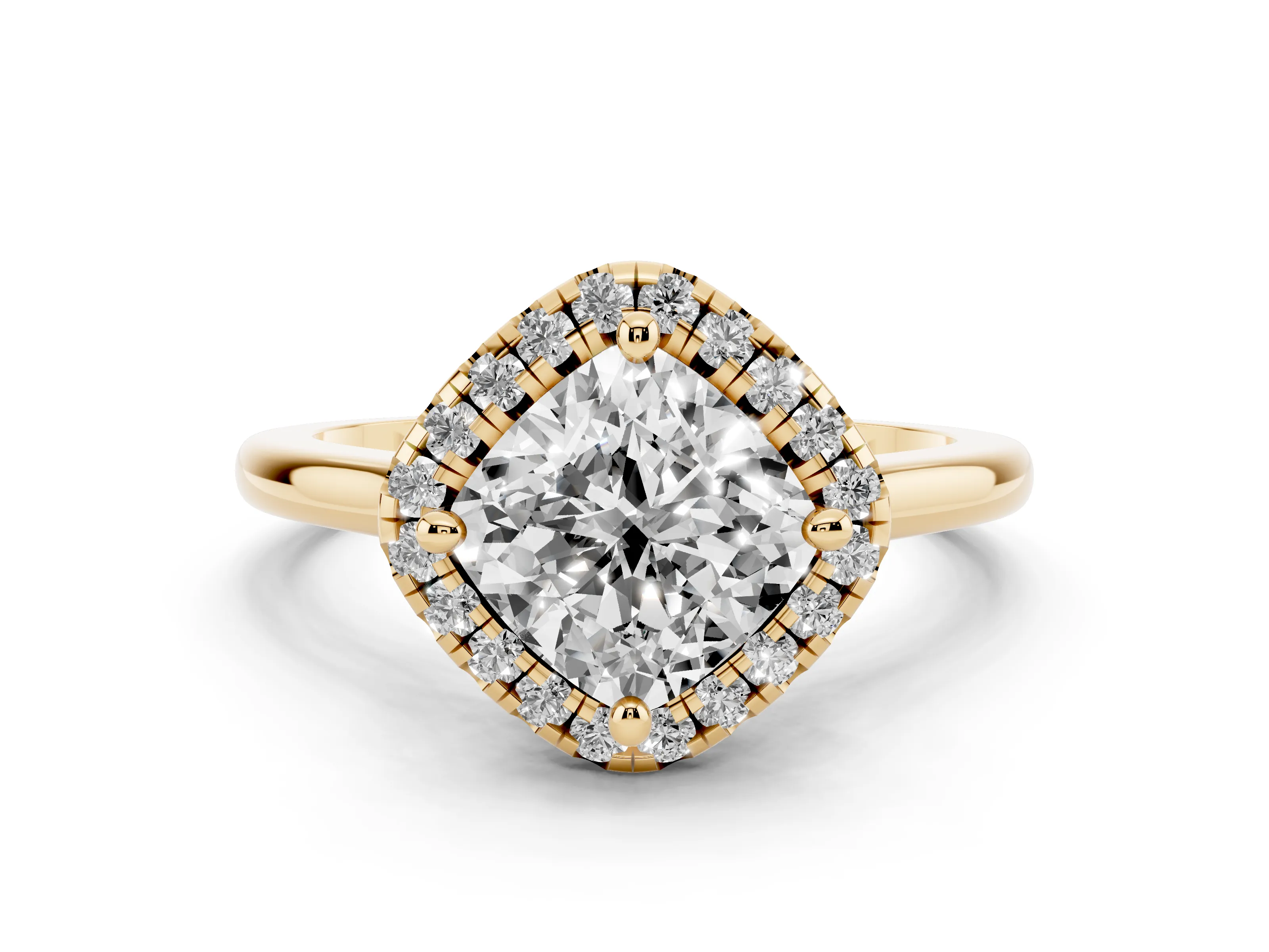 Cushion Cut Diamond Halo Engagement Ring Set in Yellow gold with Pavé Band and Rising Shoulders