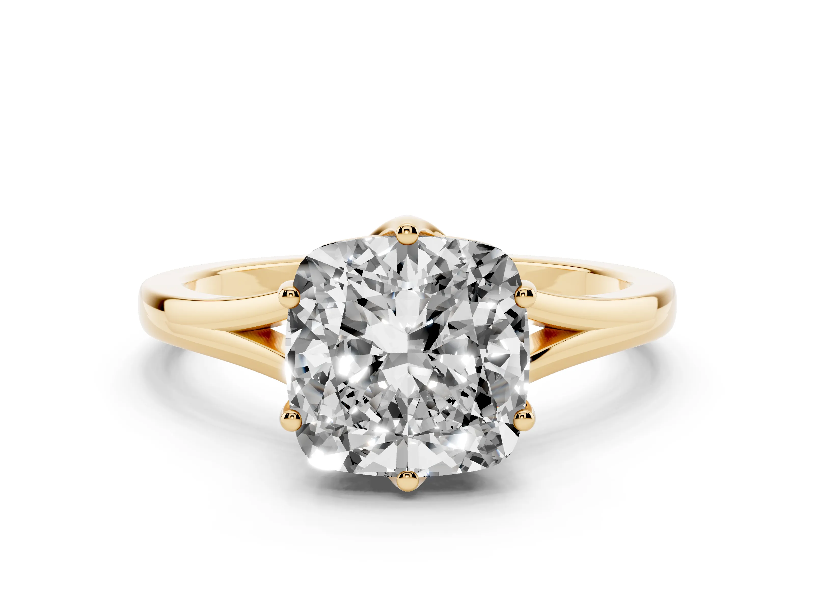 Cushion Cut Diamond Solitaire Ring Set in Yellow gold with Polished Tapered Band and Prong Setting