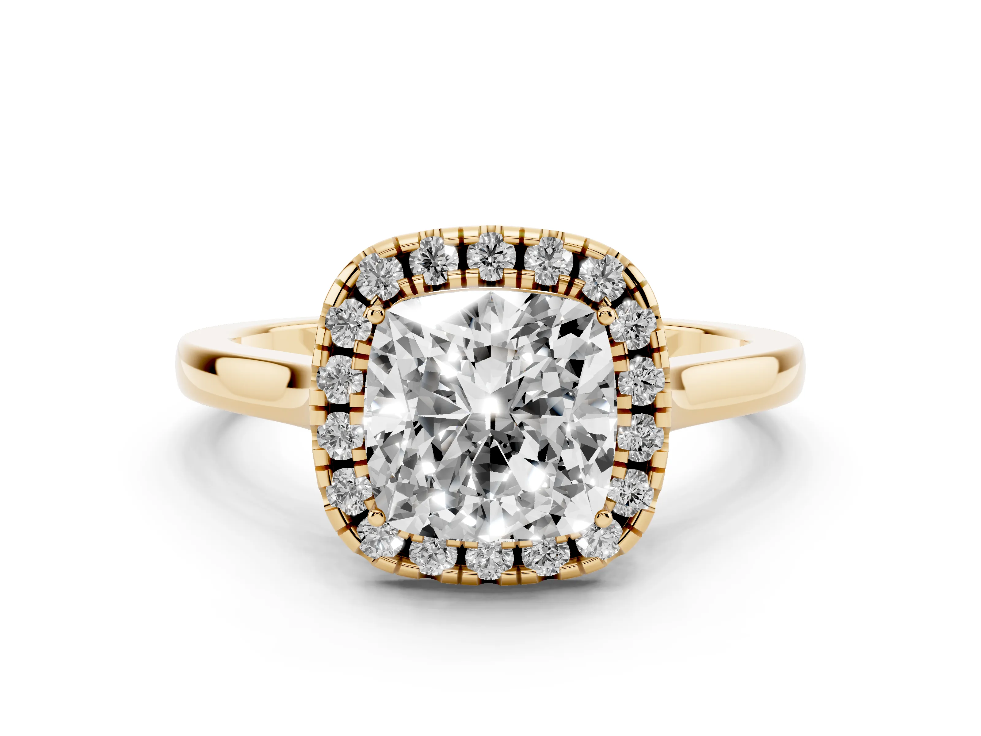 Cushion Cut Halo Round Diamond Solitaire Ring Set in Yellow gold with Pavé Band and Prong Setting