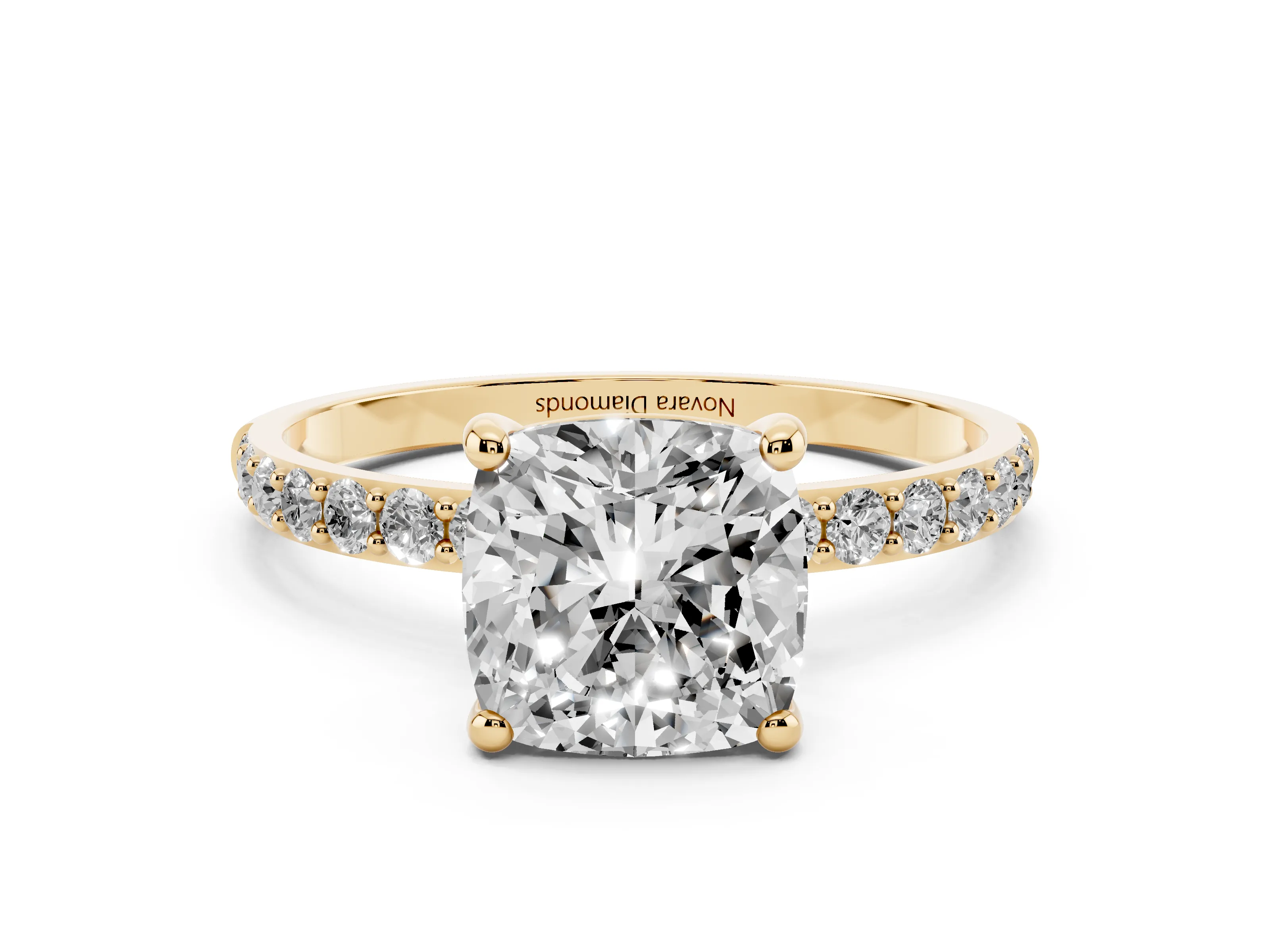 Cushion Cut Diamond Solitaire Ring Set in Yellow gold with Round Pavé Band and Prong Setting