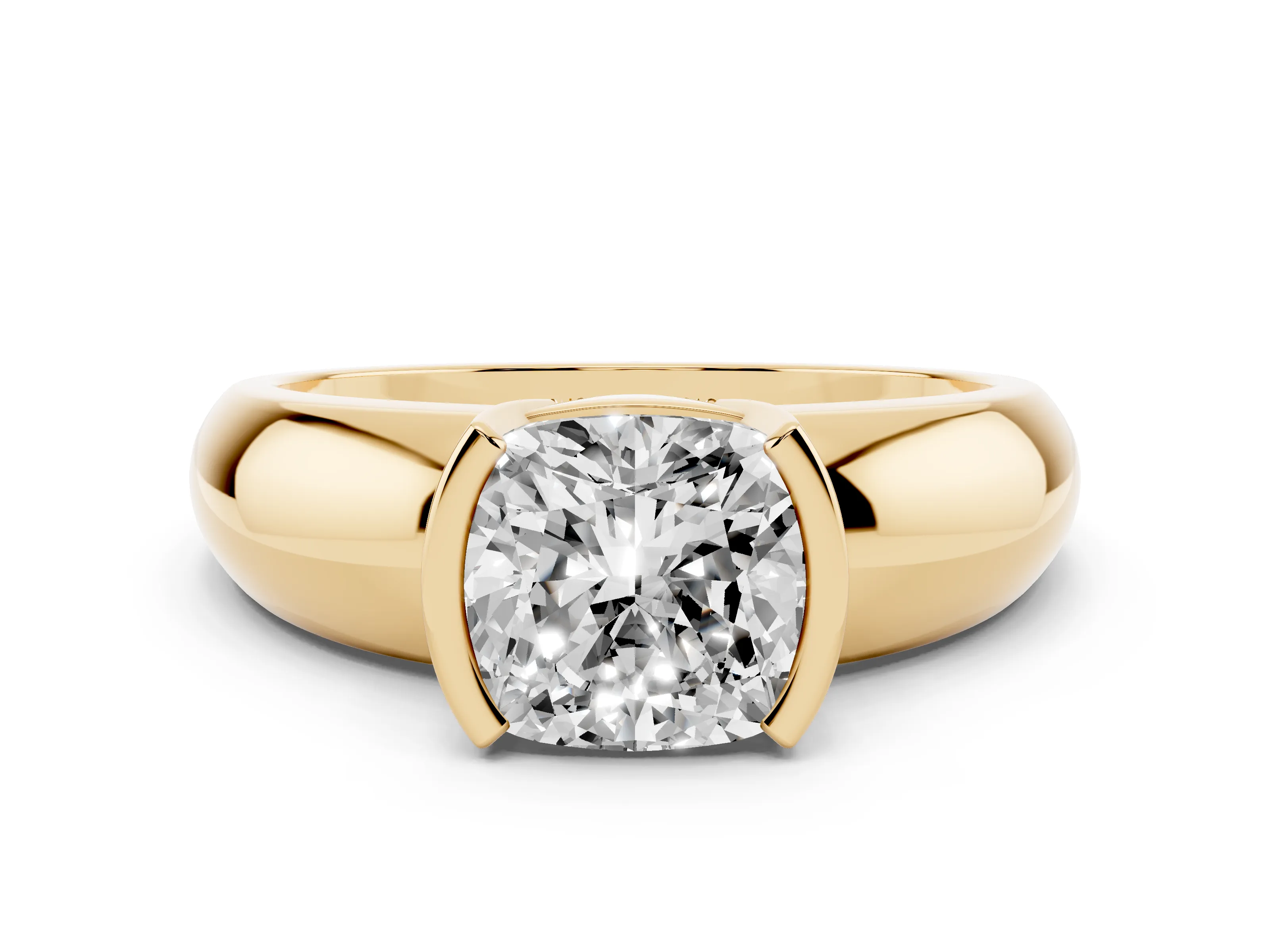 Cushion Cut Diamond Solitaire Tension Set Ring Set in Yellow gold with Wide Band