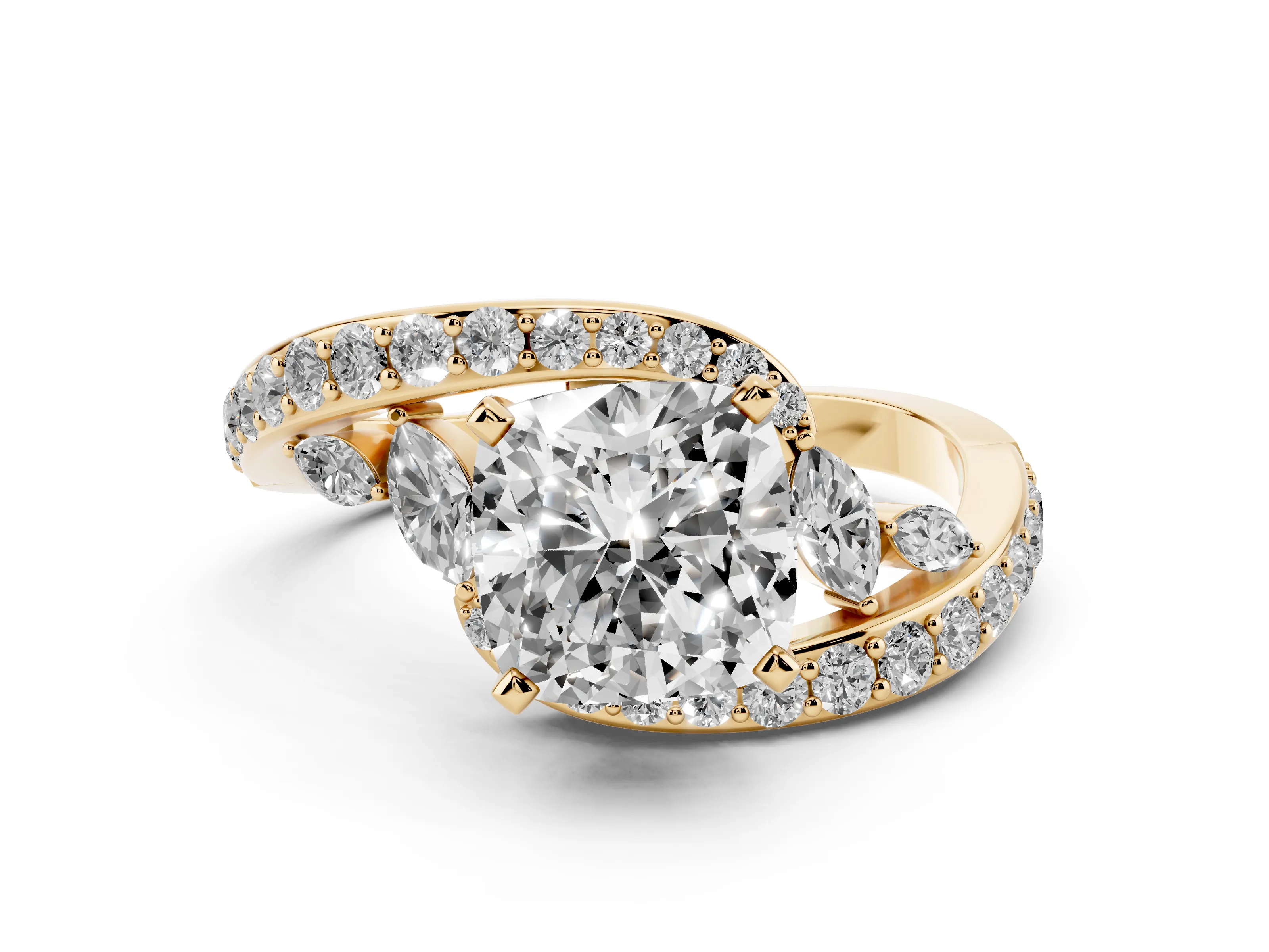 Cushion Cut Diamond Solitaire Ring Set in Yellow gold with Filigree Band and Prong Setting