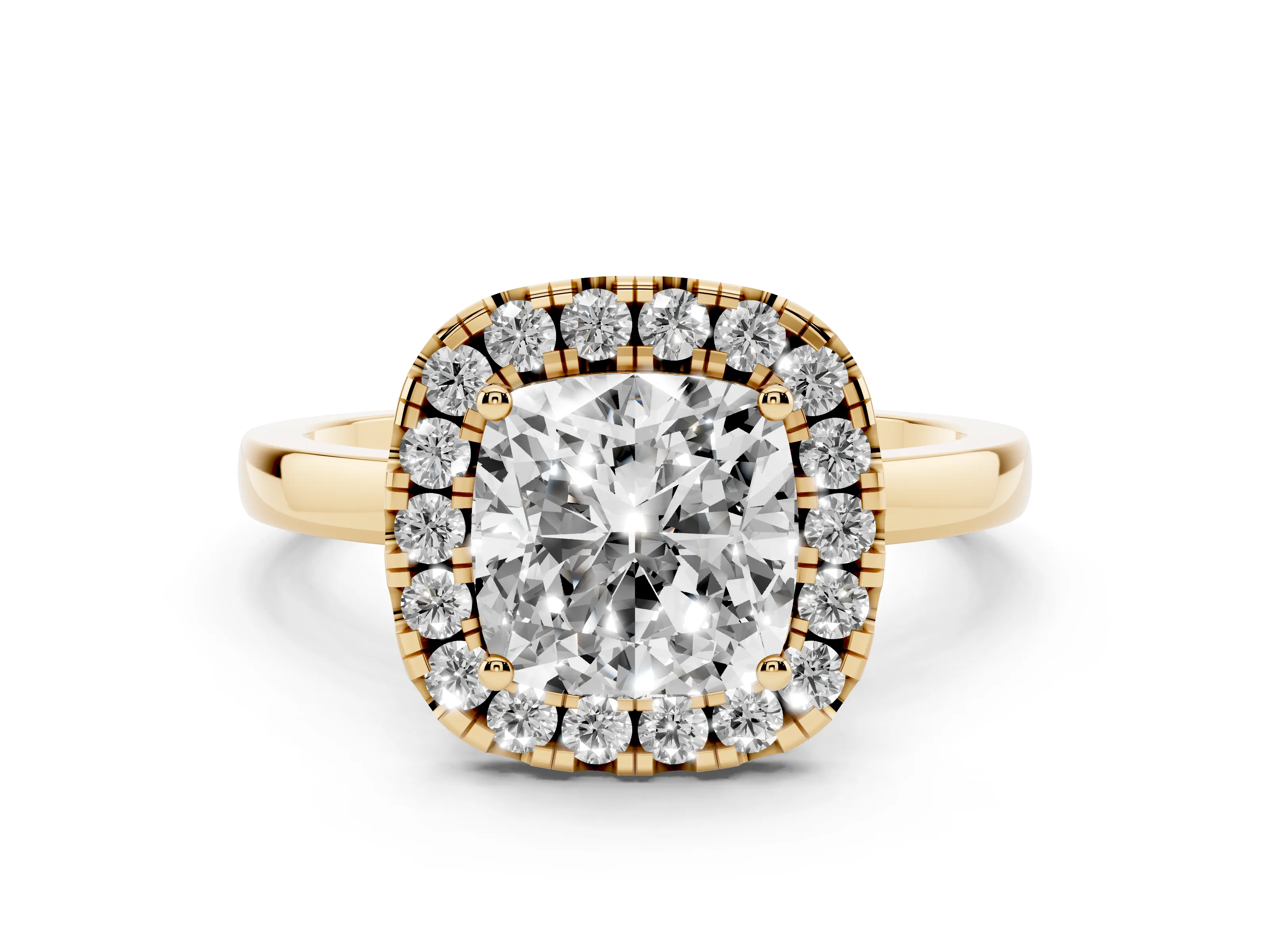 Cushion Cut Diamond Halo Solitaire Ring Set in Yellow gold with Pavé Band and Prong Setting