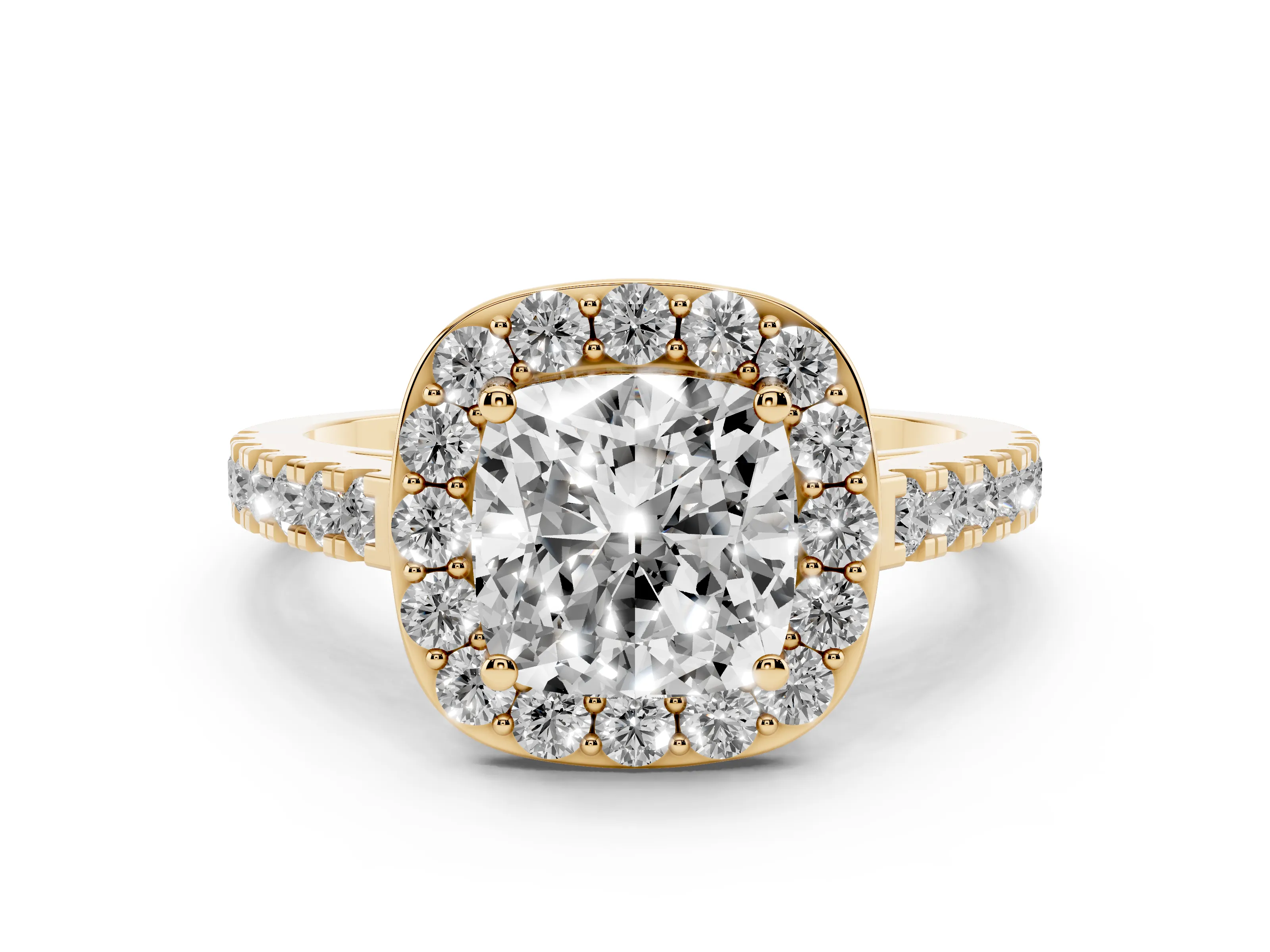 Cushion Cut Diamond Halo Ring Set in Yellow gold with Round Pavé Split Shank and Prong Setting