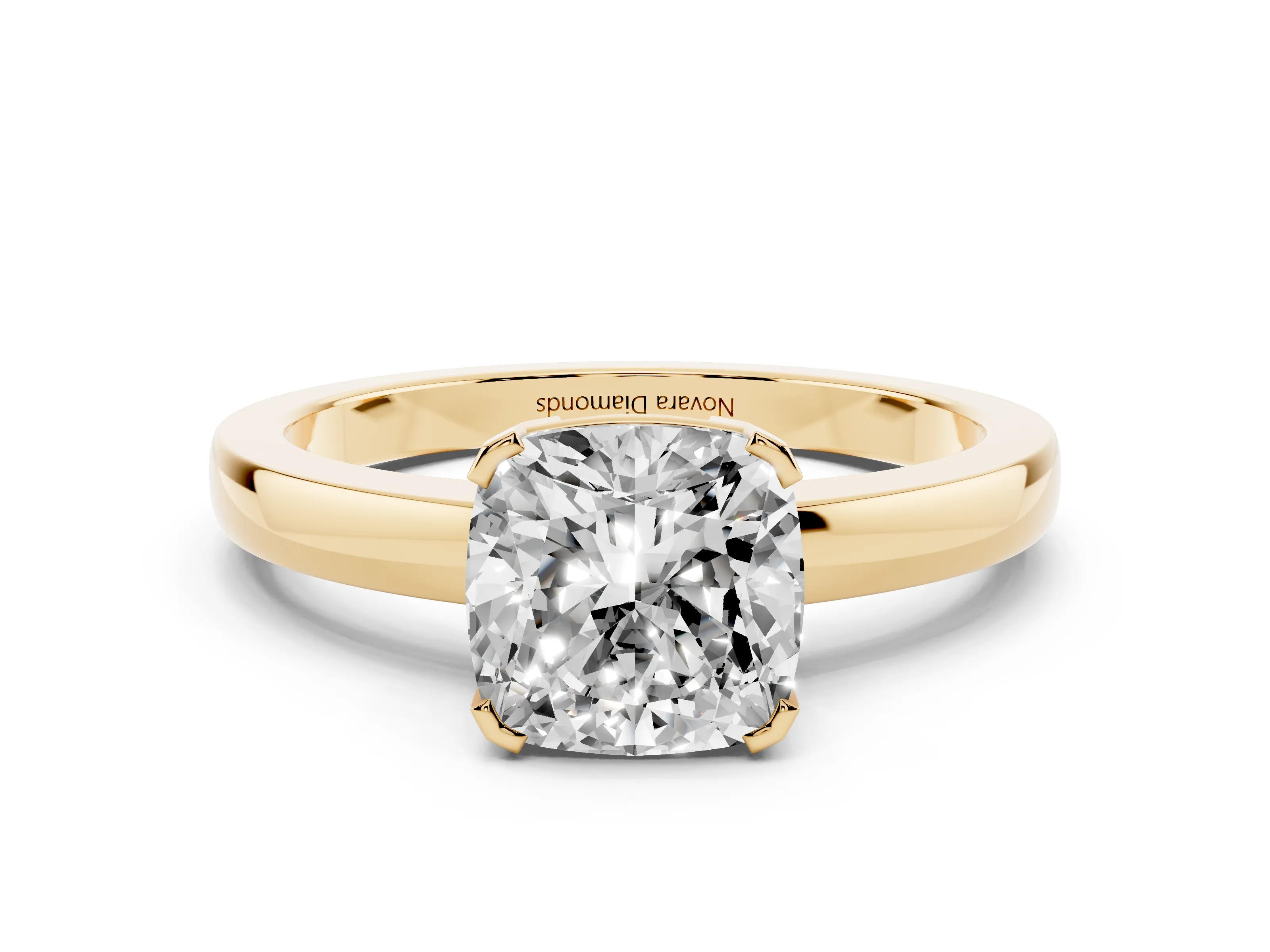 Cushion Cut Diamond Solitaire Ring Set in Yellow gold with Prong Head and Smooth Polished Band