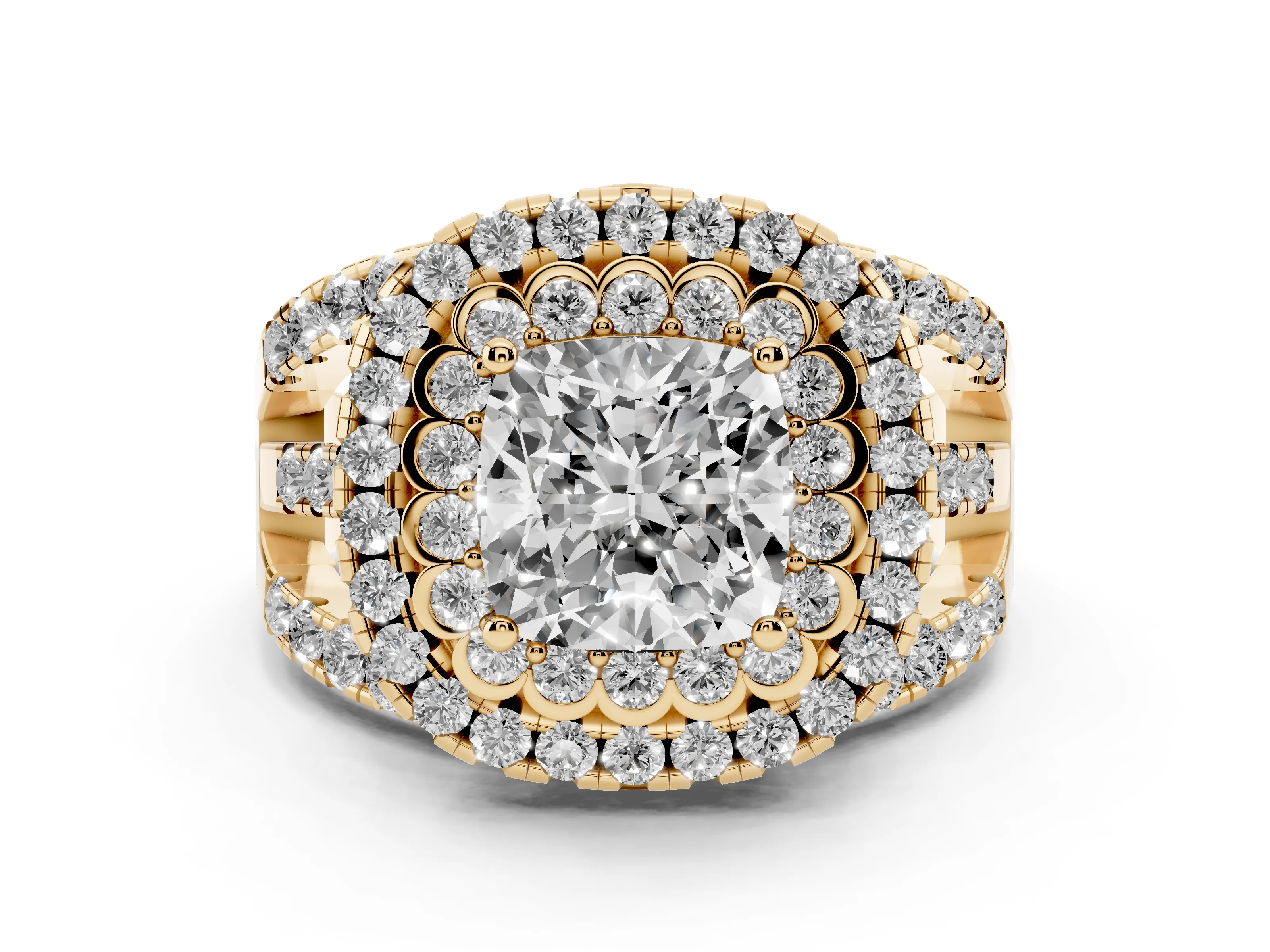 Cushion Cut Diamond Double Halo Ring Set in Yellow gold with Round Pavé Split Shank