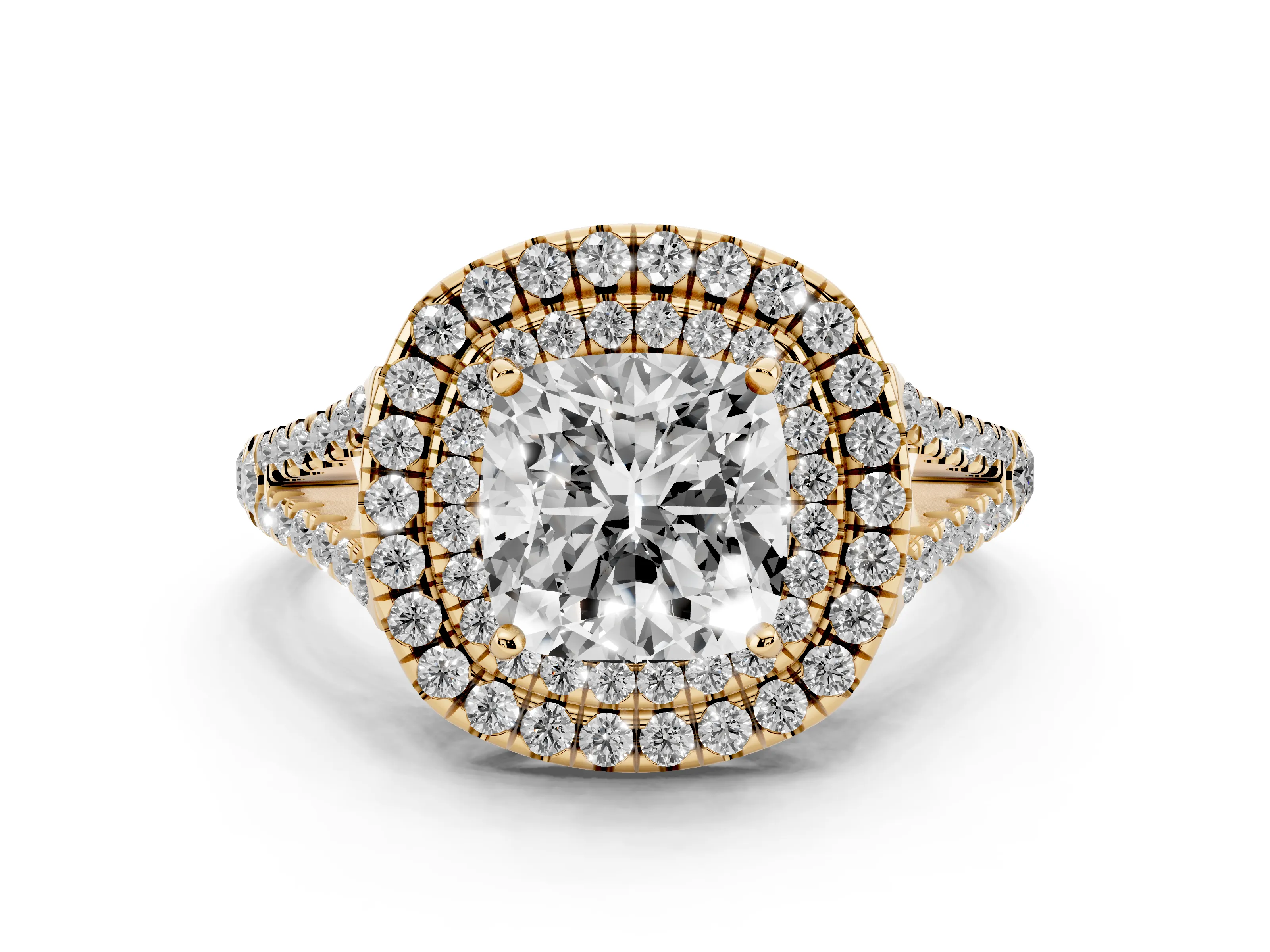 Cushion Cut Diamond Double Halo Ring Set in Yellow gold with Pavé Band