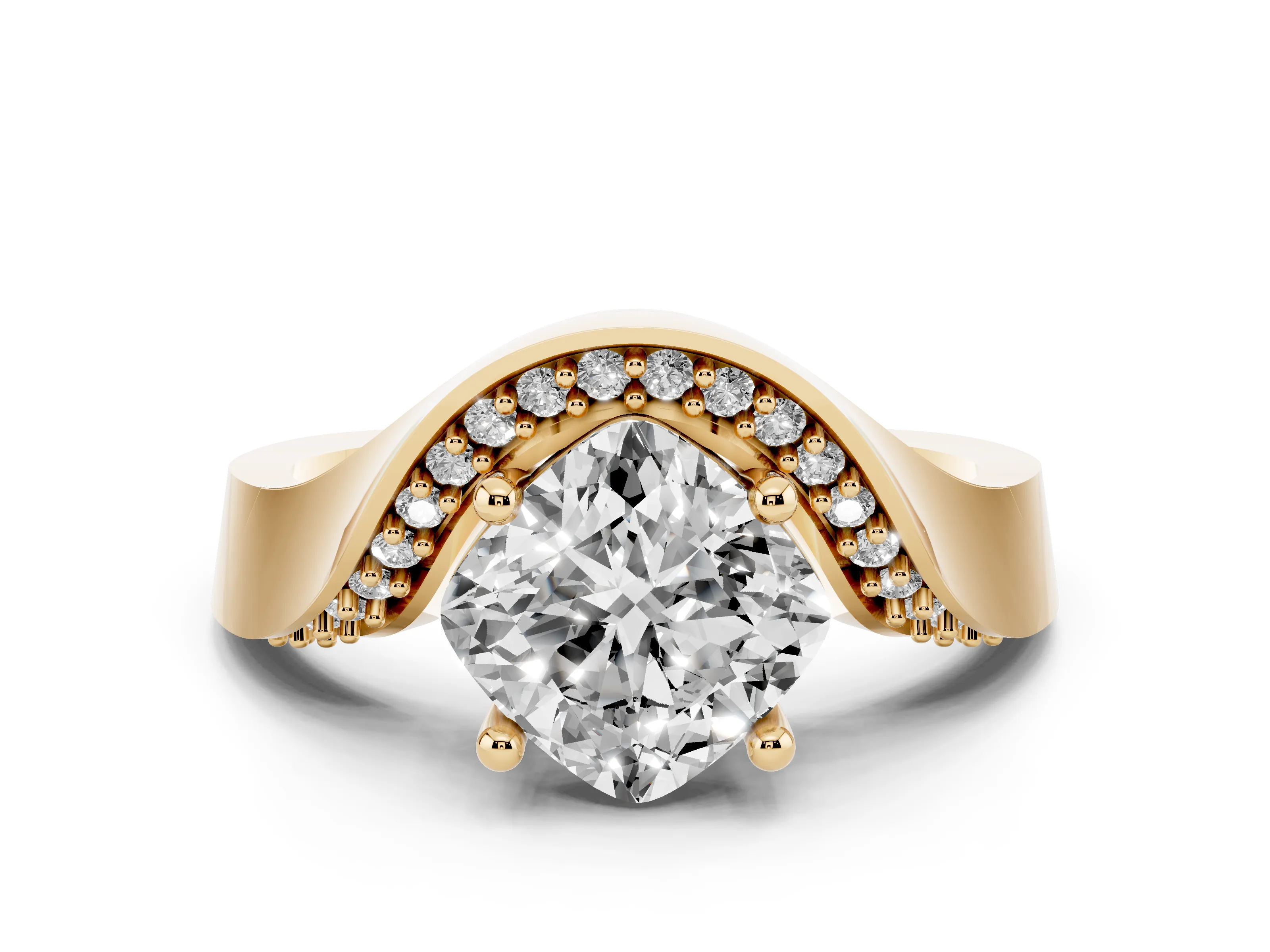 Cushion Cut Diamond Solitaire Engagement Ring Set in Yellow gold with Pavé Shoulders