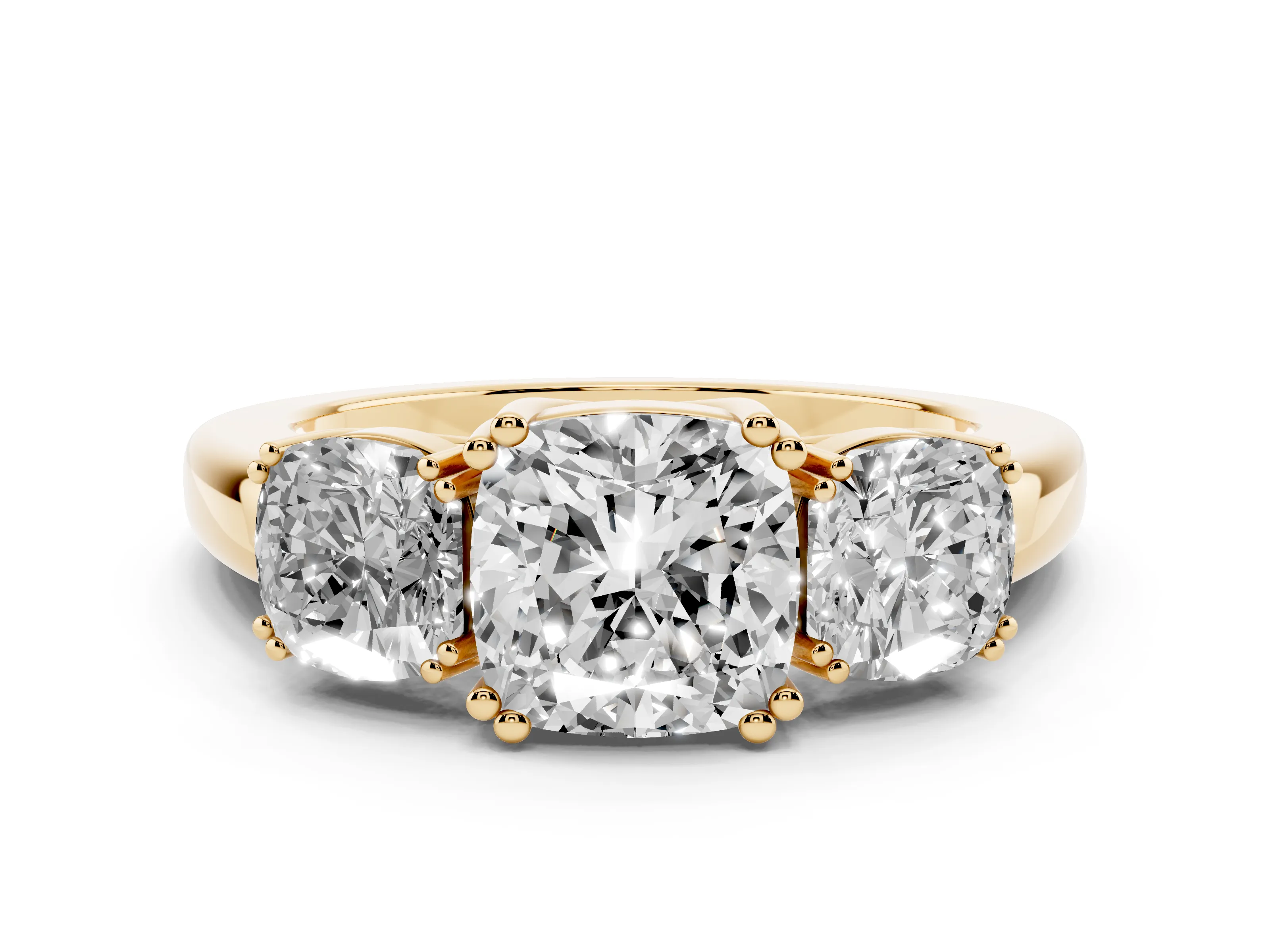Cushion Cut Diamond Three-Stone Ring Set in Yellow gold with Polished Band and Prong Setting