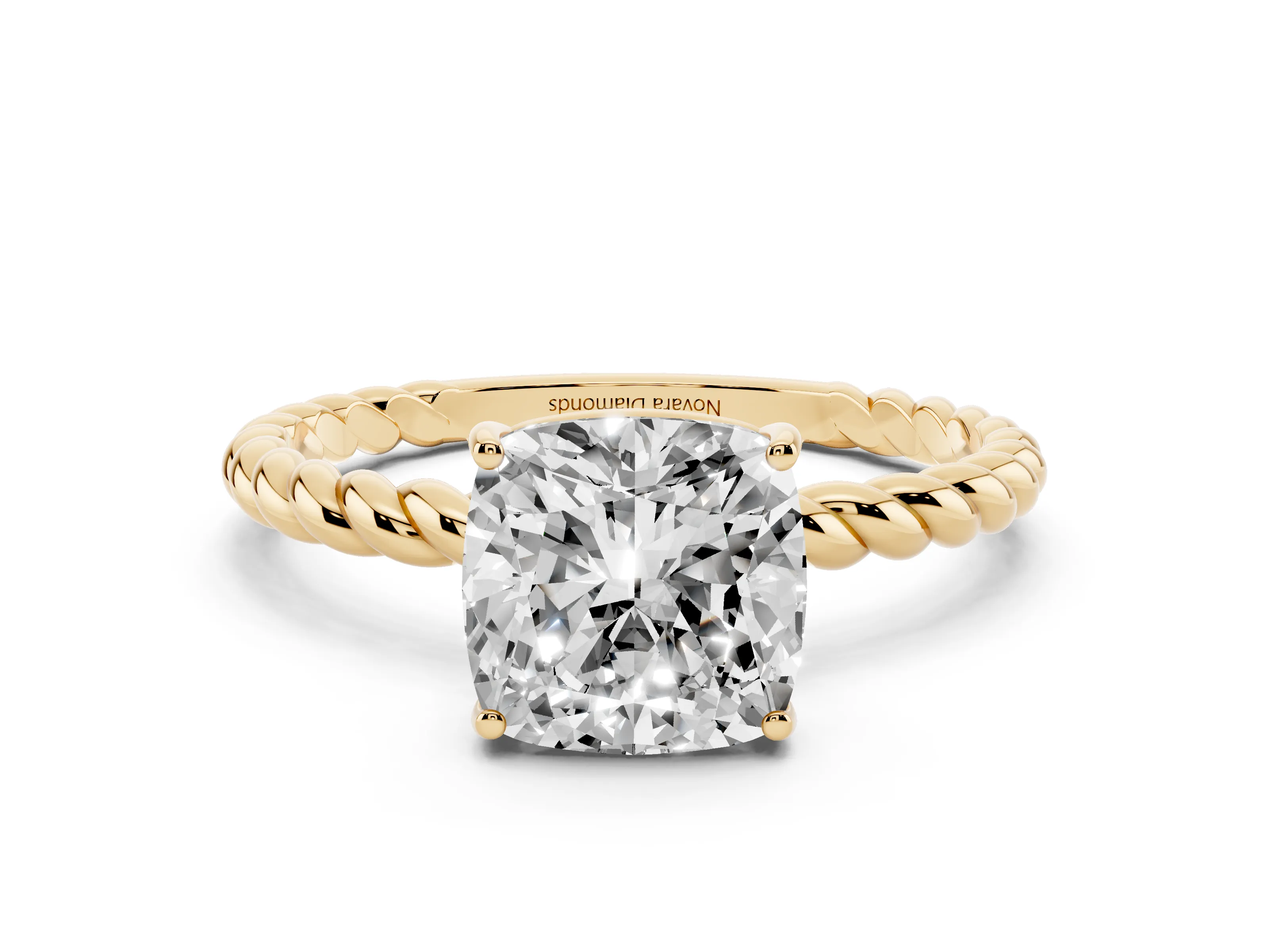 Cushion Cut Diamond Solitaire Ring Set in Yellow gold with Twist Band and Prong Setting