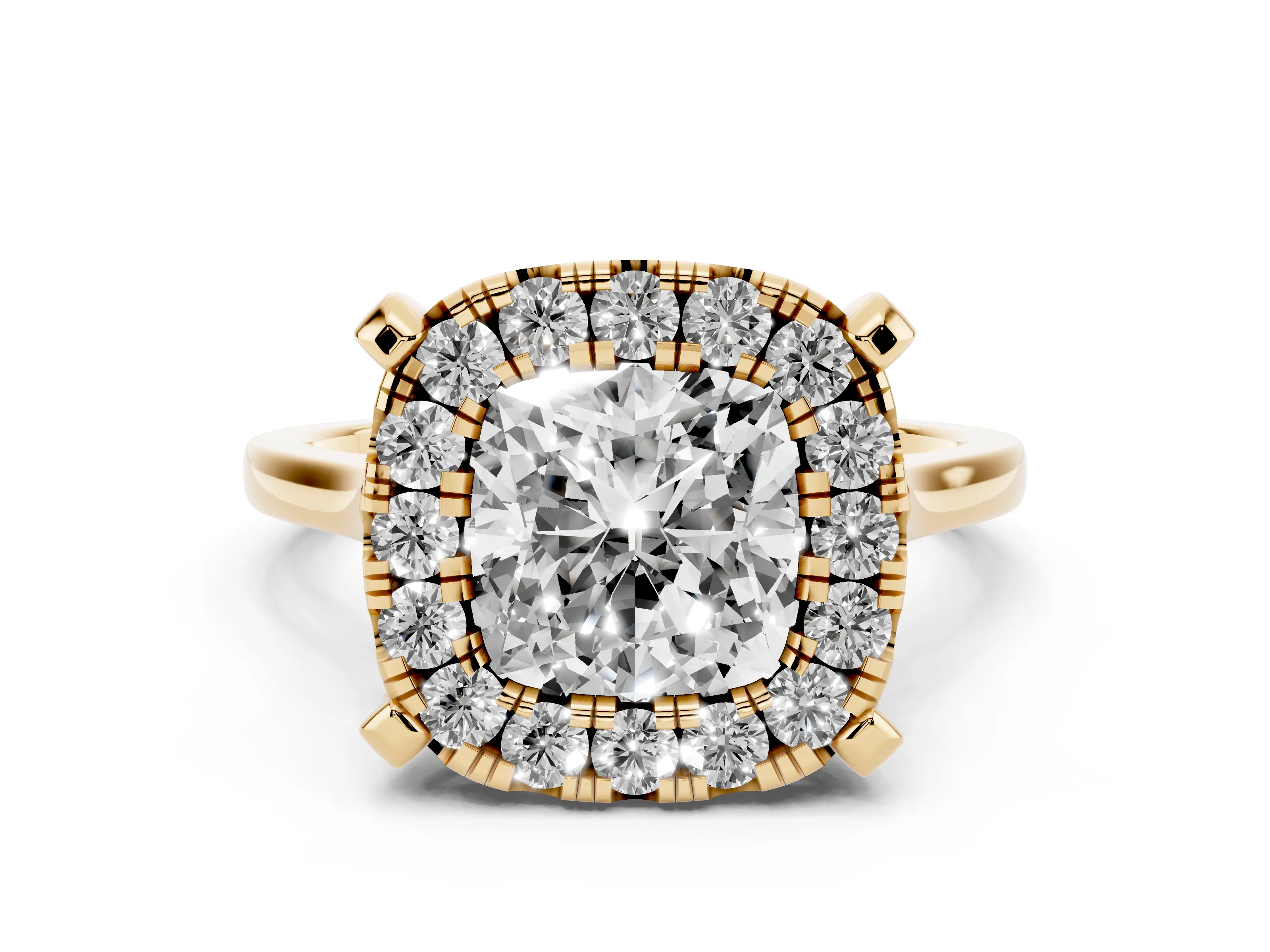 Cushion Cut Diamond Cluster Halo Solitaire Ring Set in Yellow gold with Prong Setting