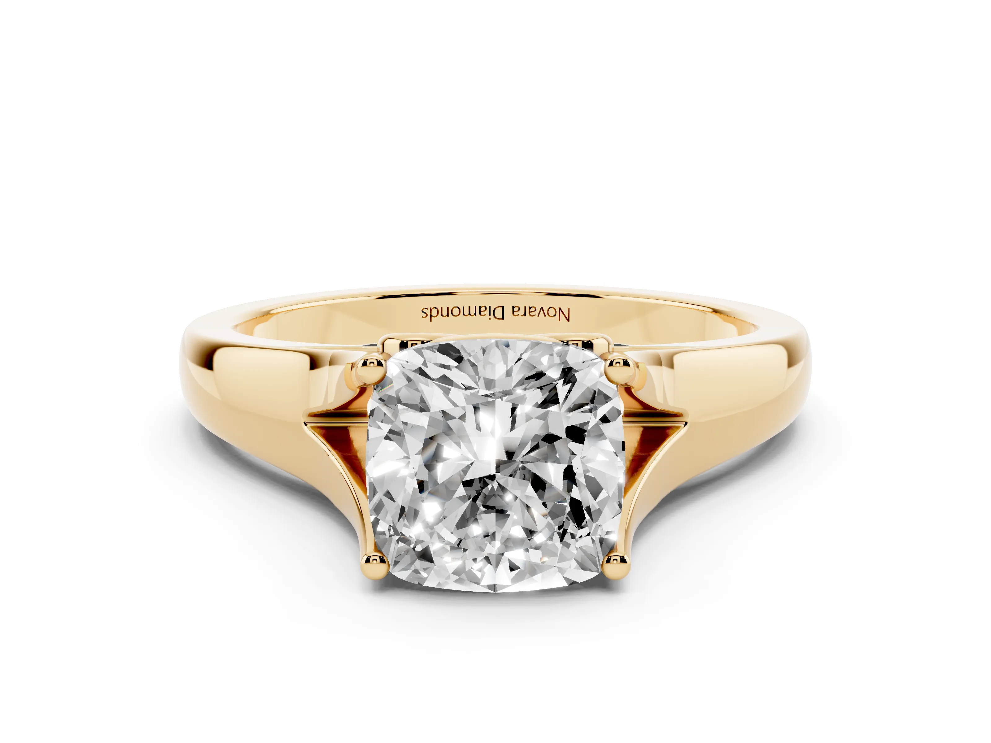 Cushion Cut Diamond Solitaire Ring Set in Yellow gold with Arched Cathedral Band and Prong Setting