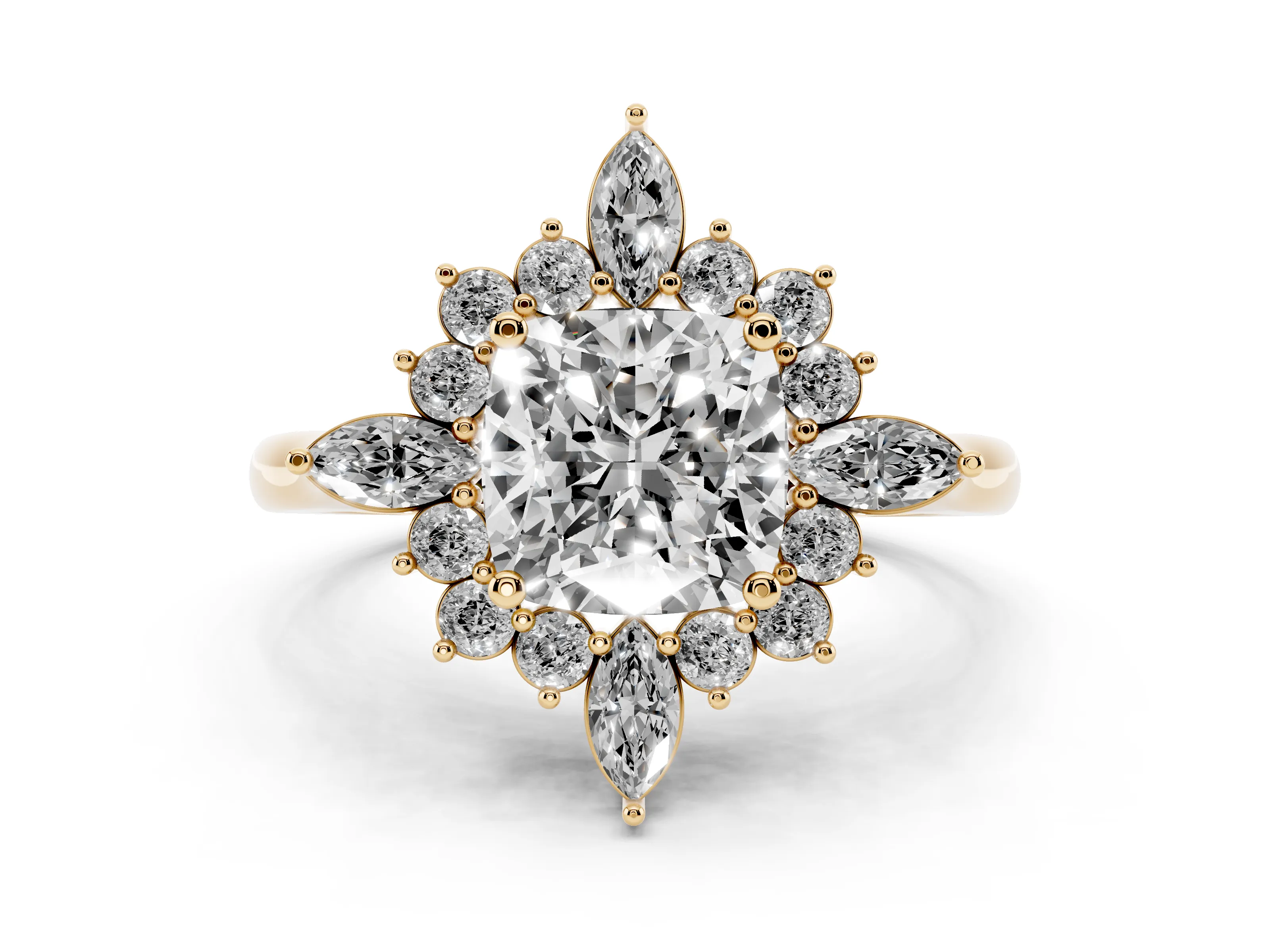 Cushion Cut Diamond Cluster Halo Ring Set in Yellow gold with Marquise and Round Accents
