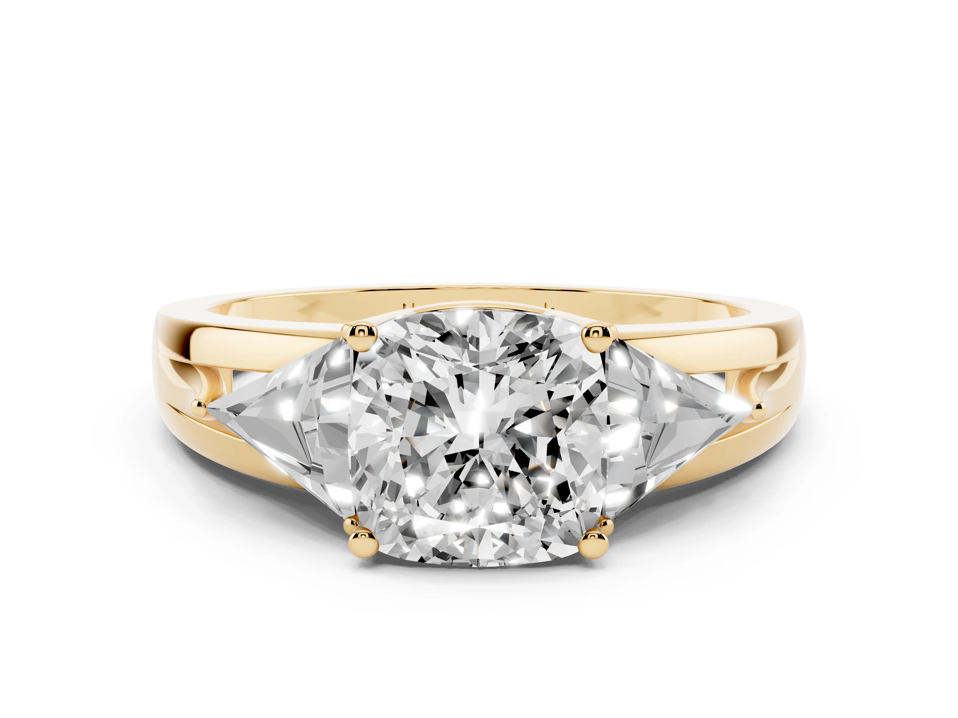 Cushion Cut Diamond Three-Stone Ring Set in Yellow gold with Trillion Side Stones and Split Shank