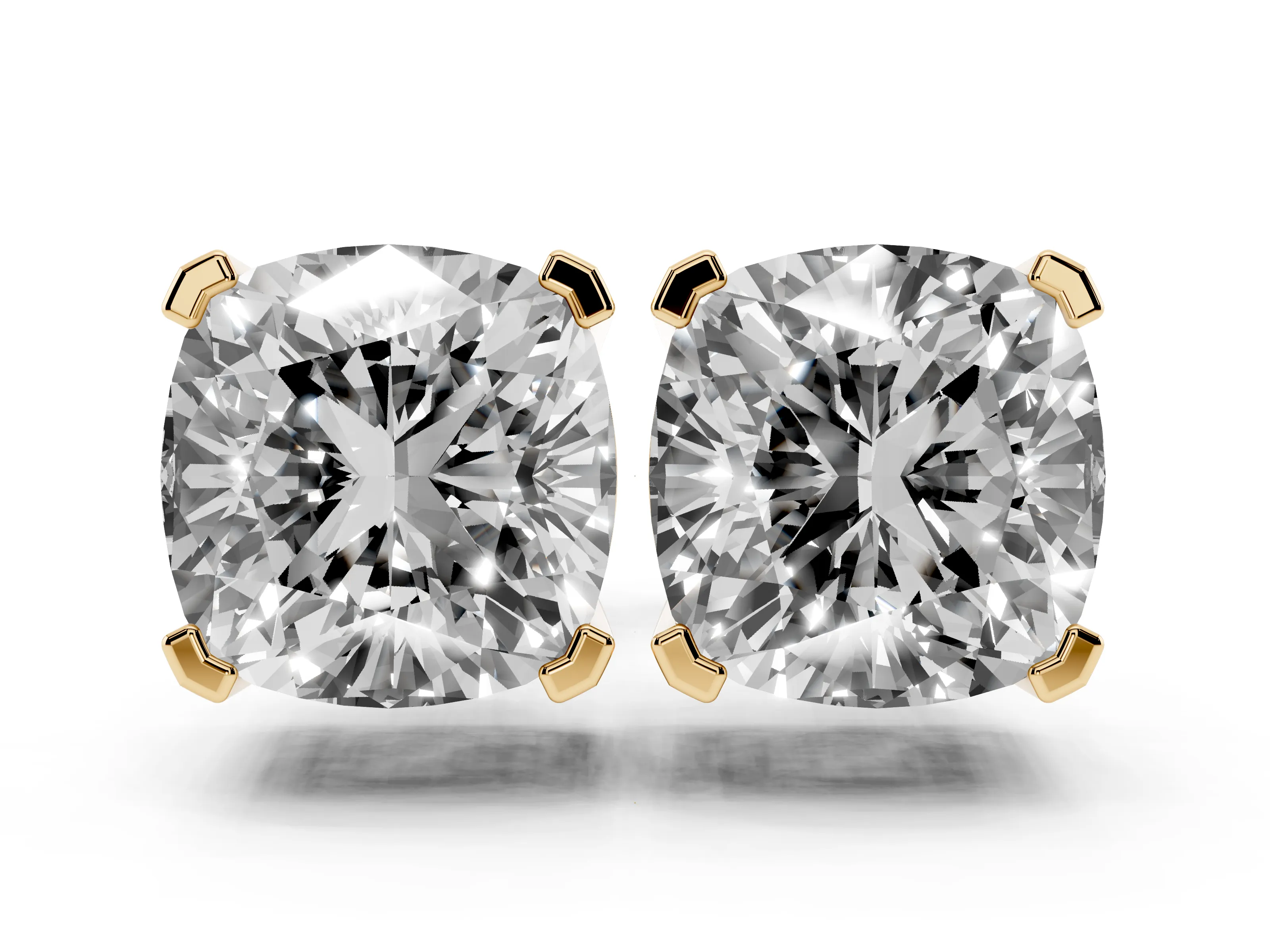 Cushion Cut Diamond Solitaire Stud Earrings Set in Yellow gold with Basket Setting