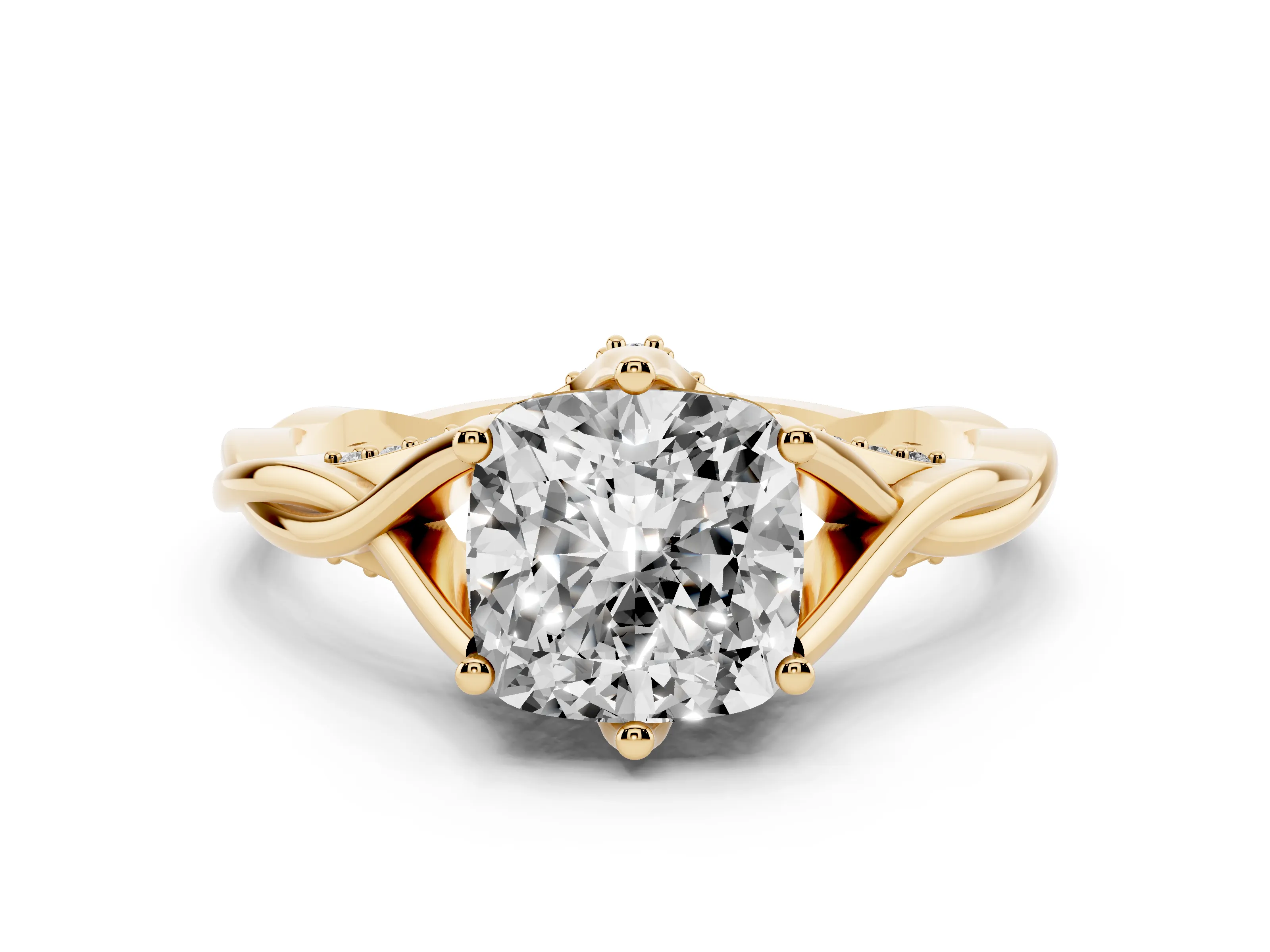 Cushion Cut Diamond Intertwined Twist Band Solitaire Ring Set in Yellow gold with Prong Setting
