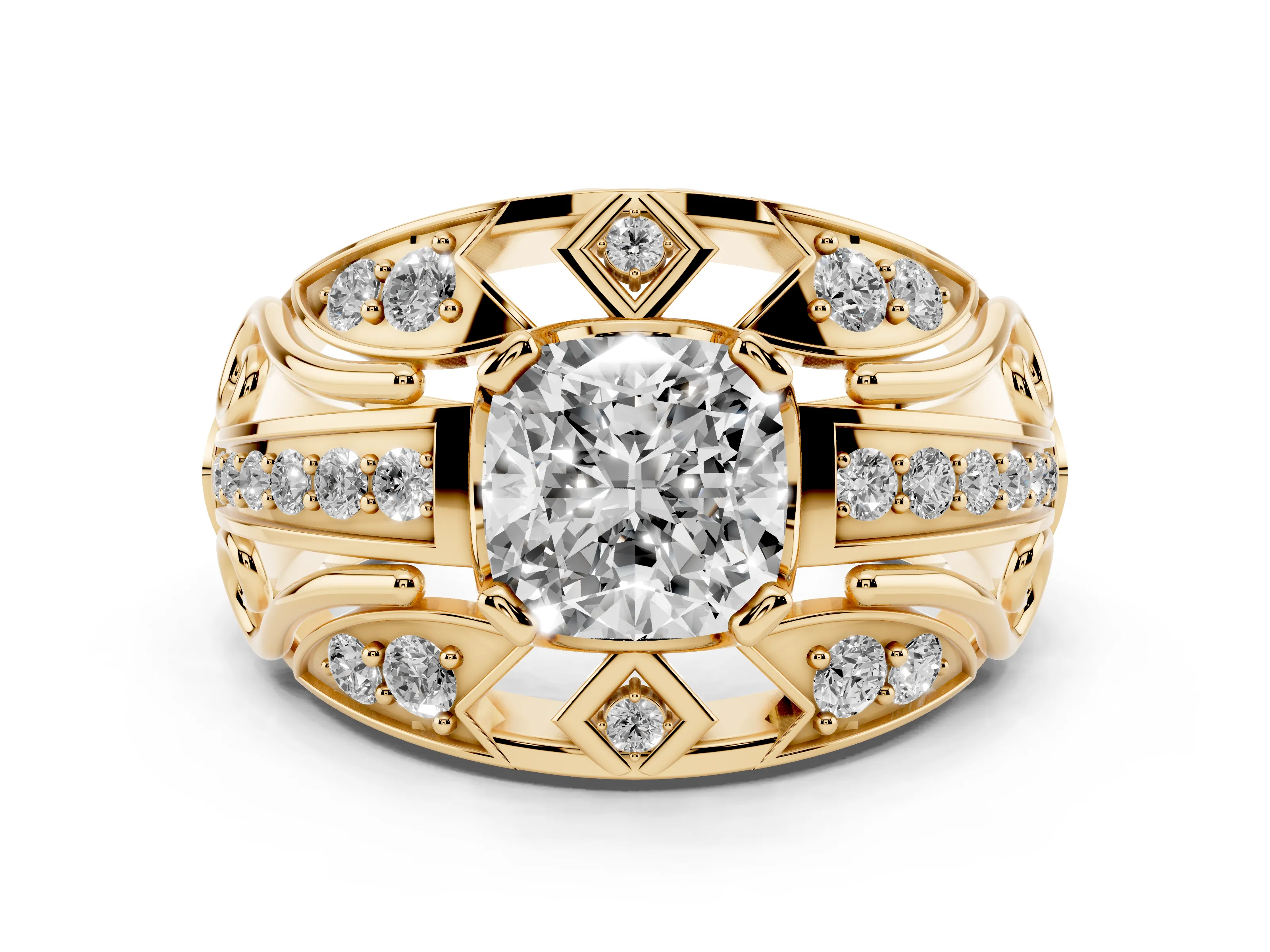 Cushion Cut Diamond Art Deco Ring Set in Yellow gold with Pavé Split Shank