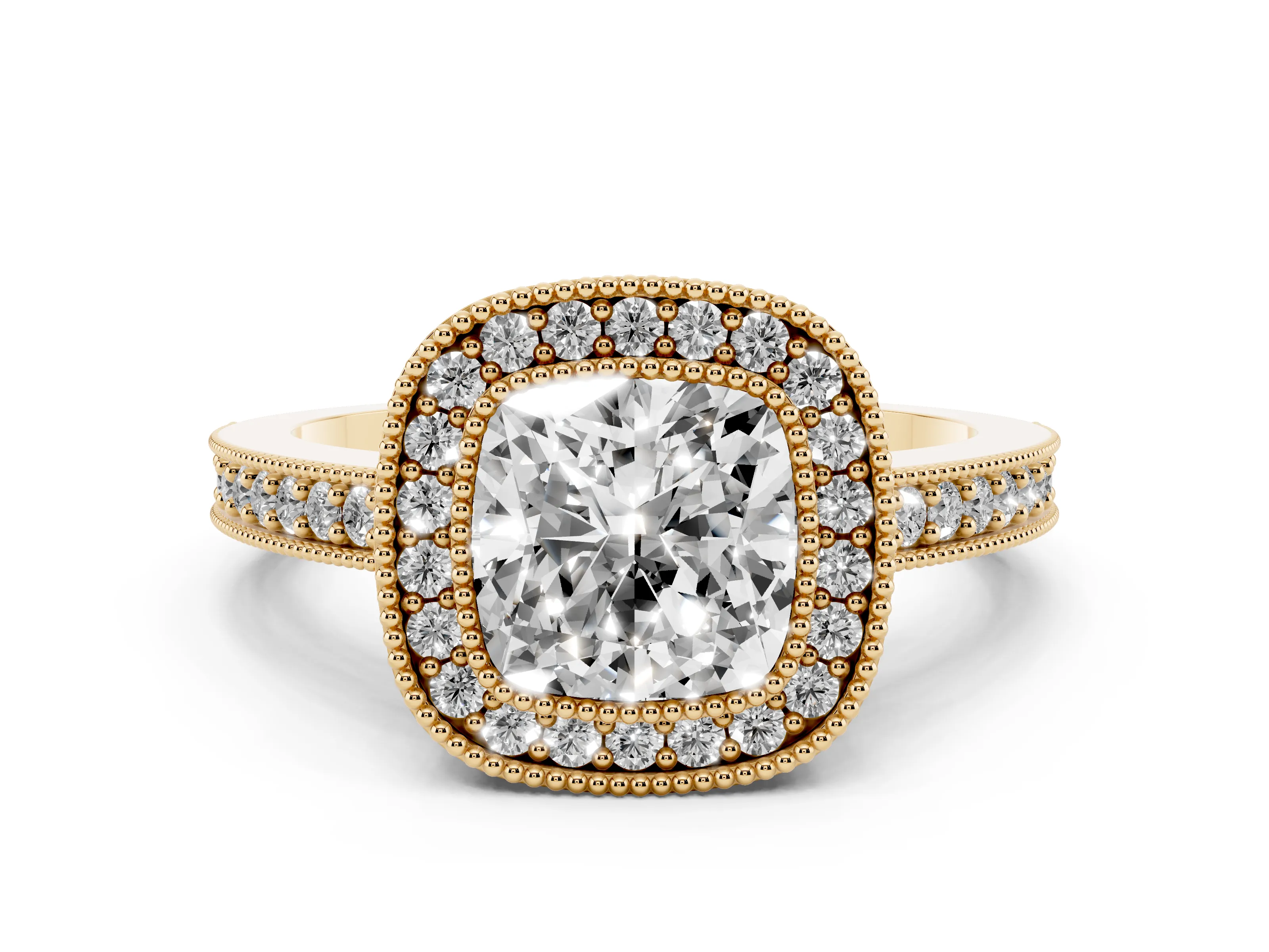 Cushion Cut Diamond Halo Engagement Ring Set in Yellow gold with Pavé Band and Round Halo Stones