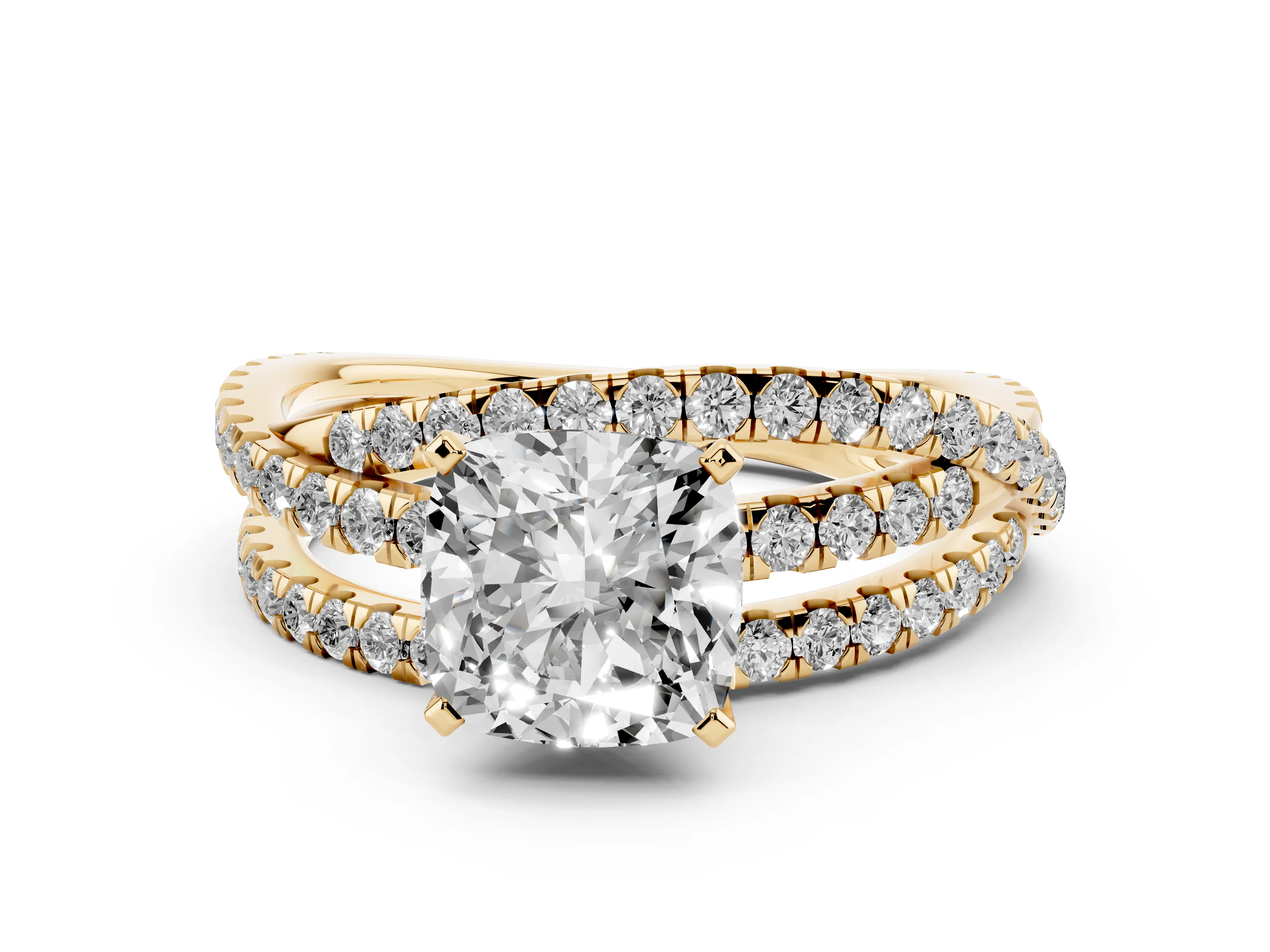 Cushion Cut Diamond Solitaire Twist Band Ring Set in Yellow gold with Pavé Setting and Prong Head