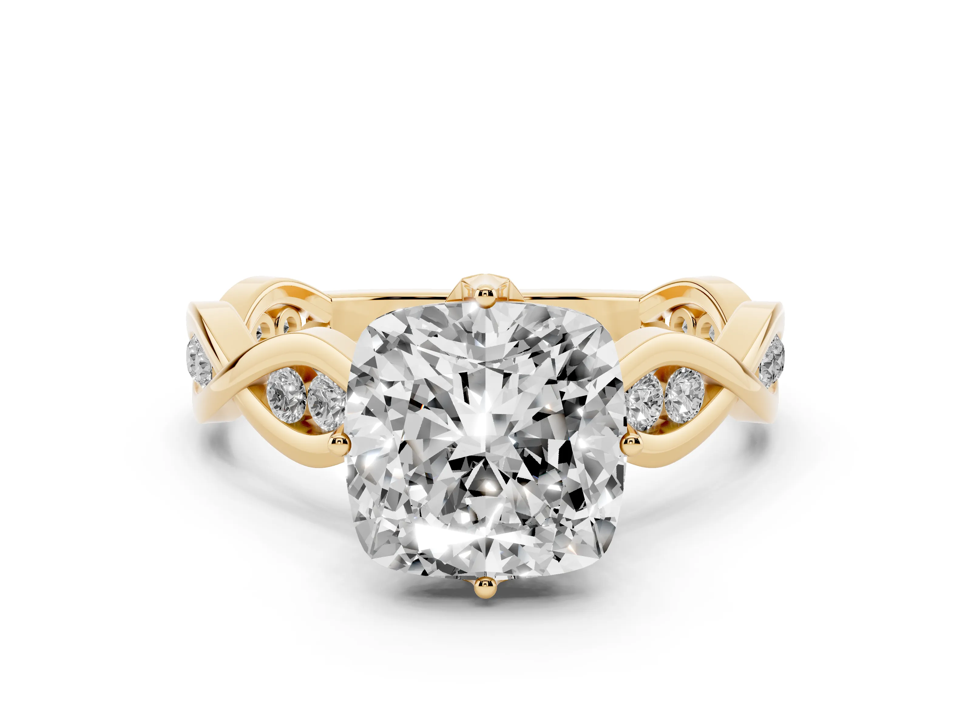 Cushion Cut Diamond Twist Band Solitaire Ring Set in Yellow gold with Leaf Prong Setting and Accent Stones