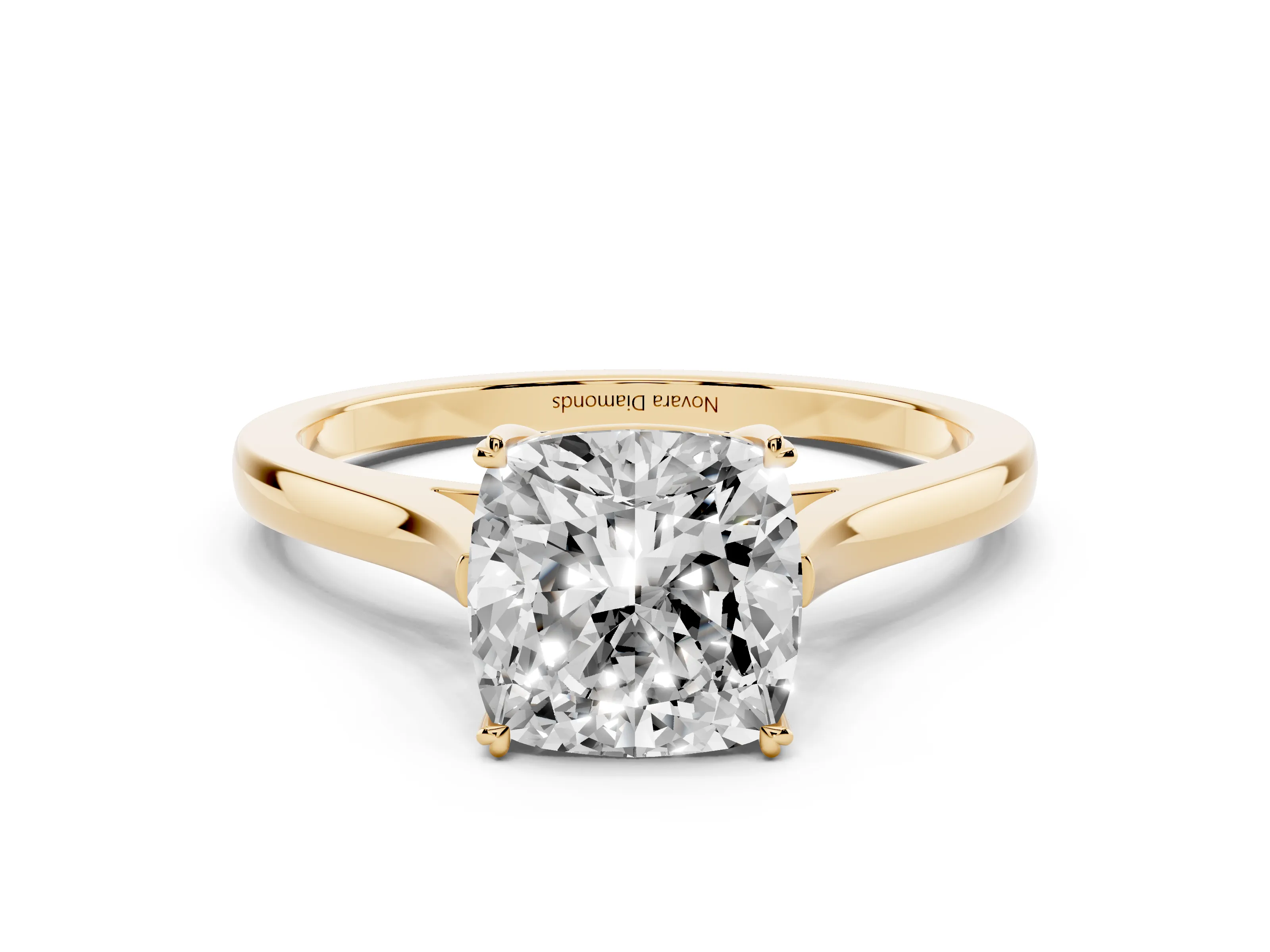 Cushion Cut Diamond Solitaire Heart Prong Engagement Ring Set in Yellow gold with Tapered Band