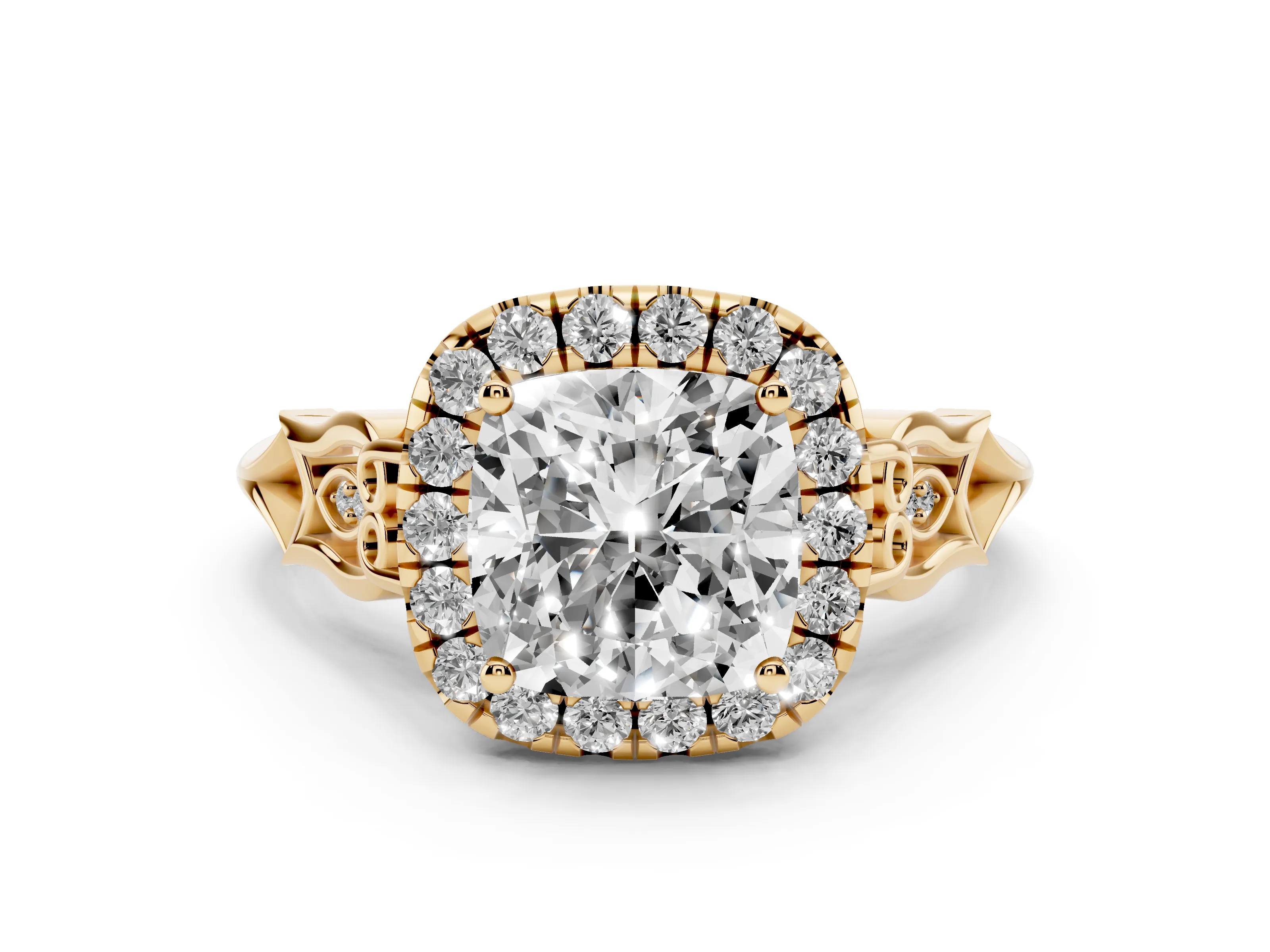 Cushion Cut Diamond Halo Engagement Ring Set in Yellow gold with Filigree Band and Prong-Set Center