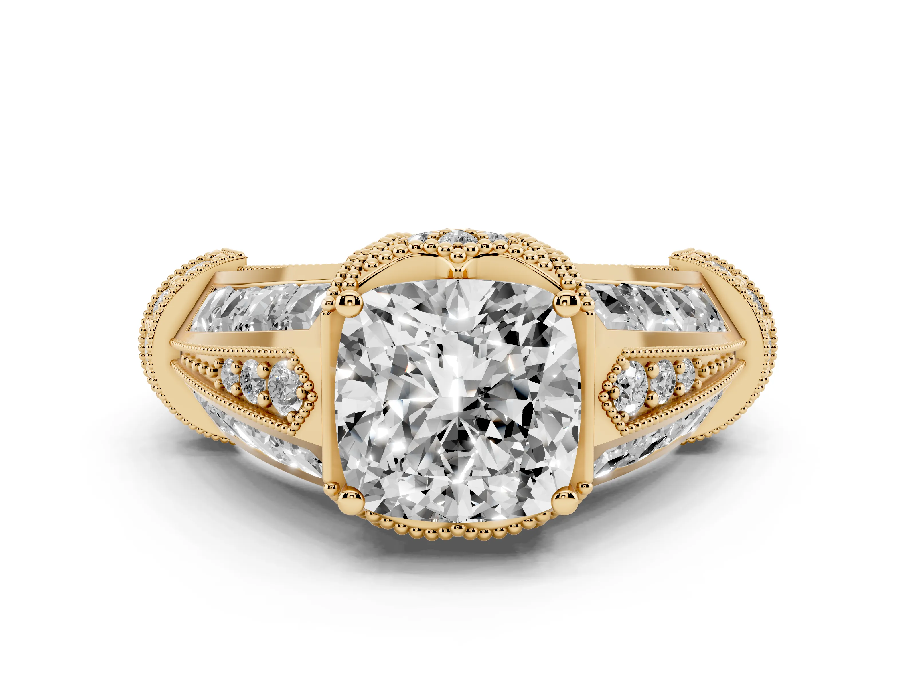 Cushion Cut Diamond Vintage-Inspired Milgrain Ring Set in Yellow gold with Accent Split Shank