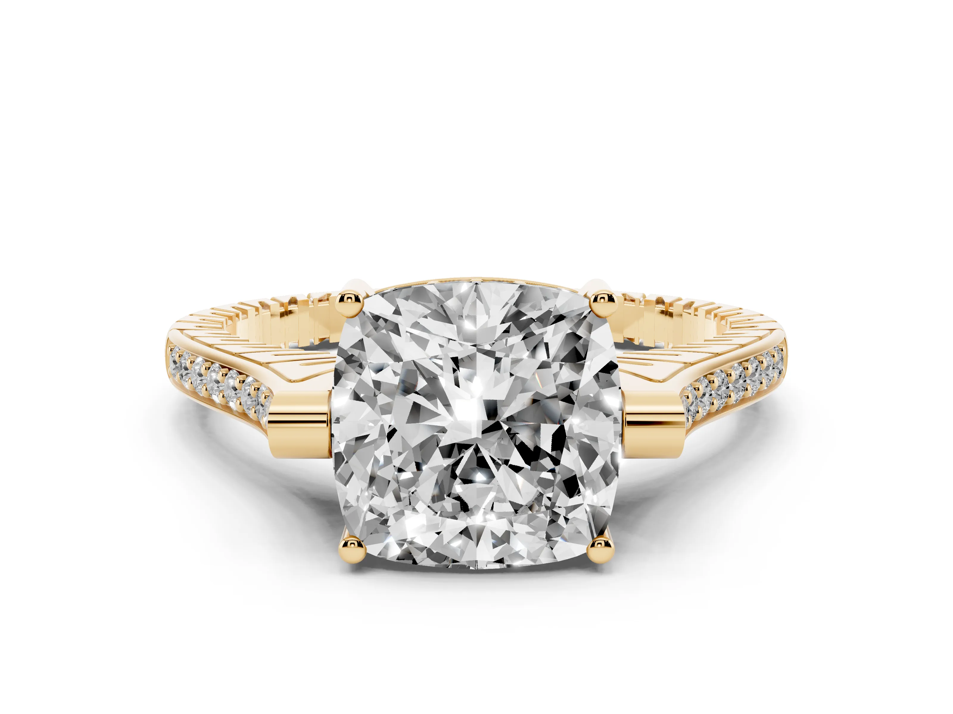 Cushion Cut Diamond Solitaire Ring Set in Yellow gold with Channel Set Band and Bezel Prong Setting
