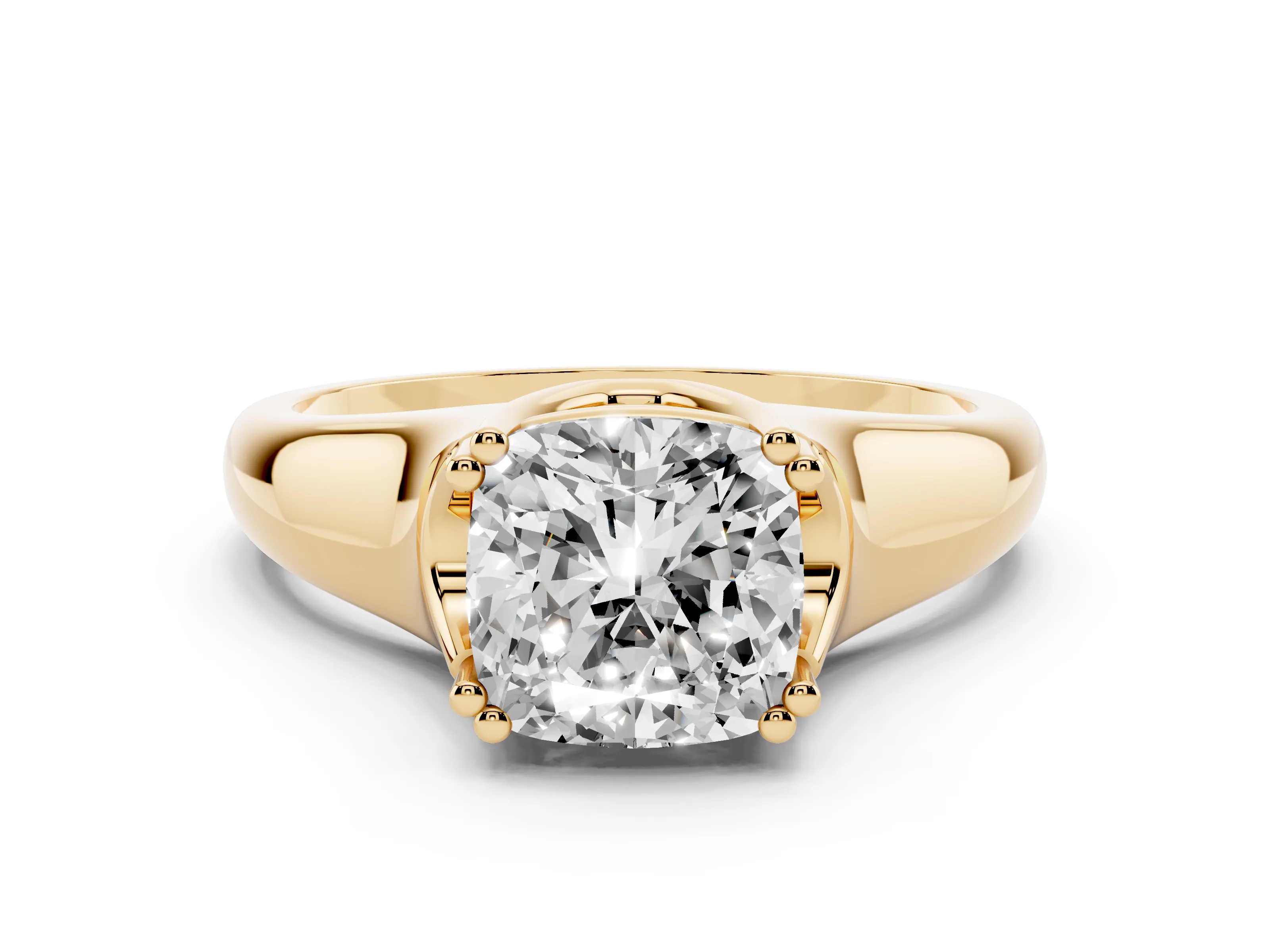 Cushion Cut Diamond Solitaire Ring Set in Yellow gold with Wide Band and Prong Setting