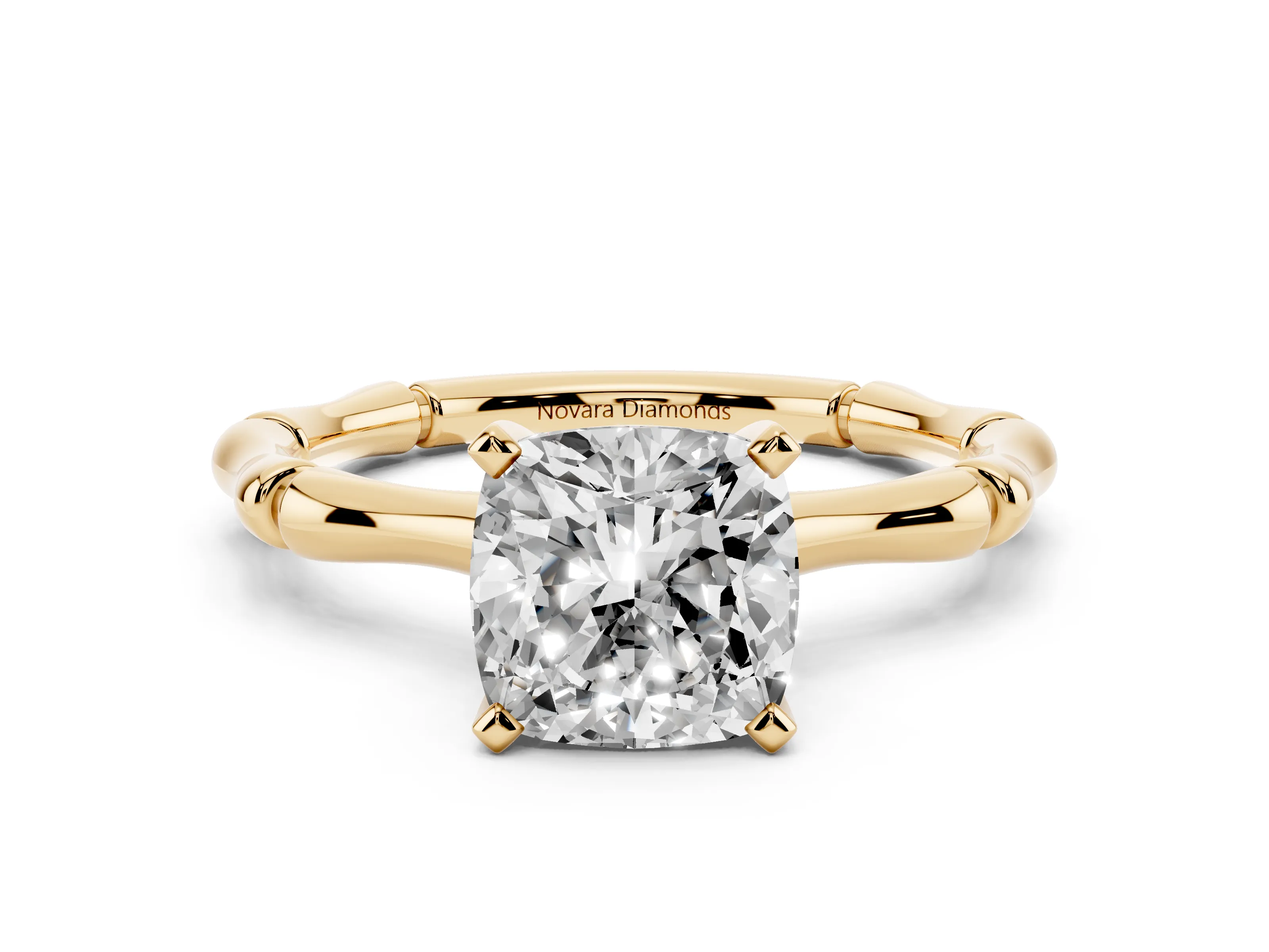 Cushion Cut Diamond Solitaire Ring Set in Yellow gold with Bamboo Band and Prong Setting