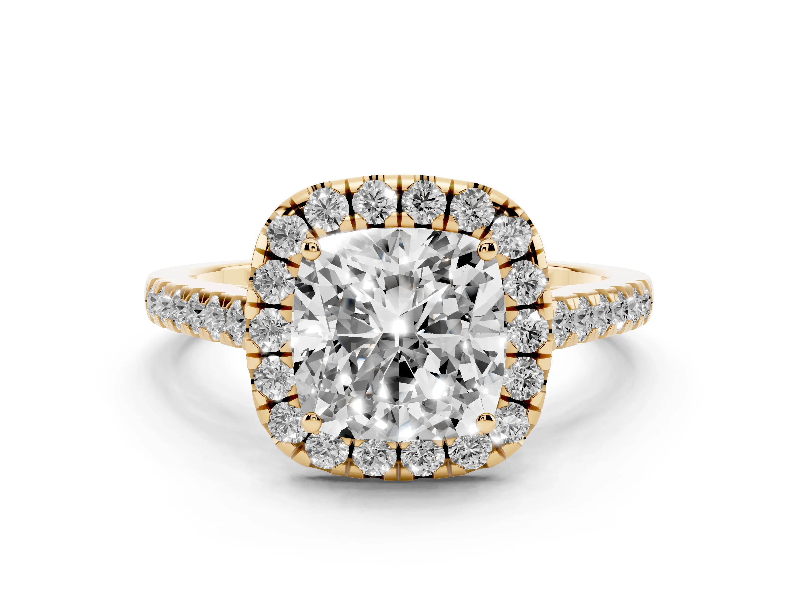 Cushion Cut Diamond Halo Pavé Engagement Ring Set in Yellow gold with Prong Setting