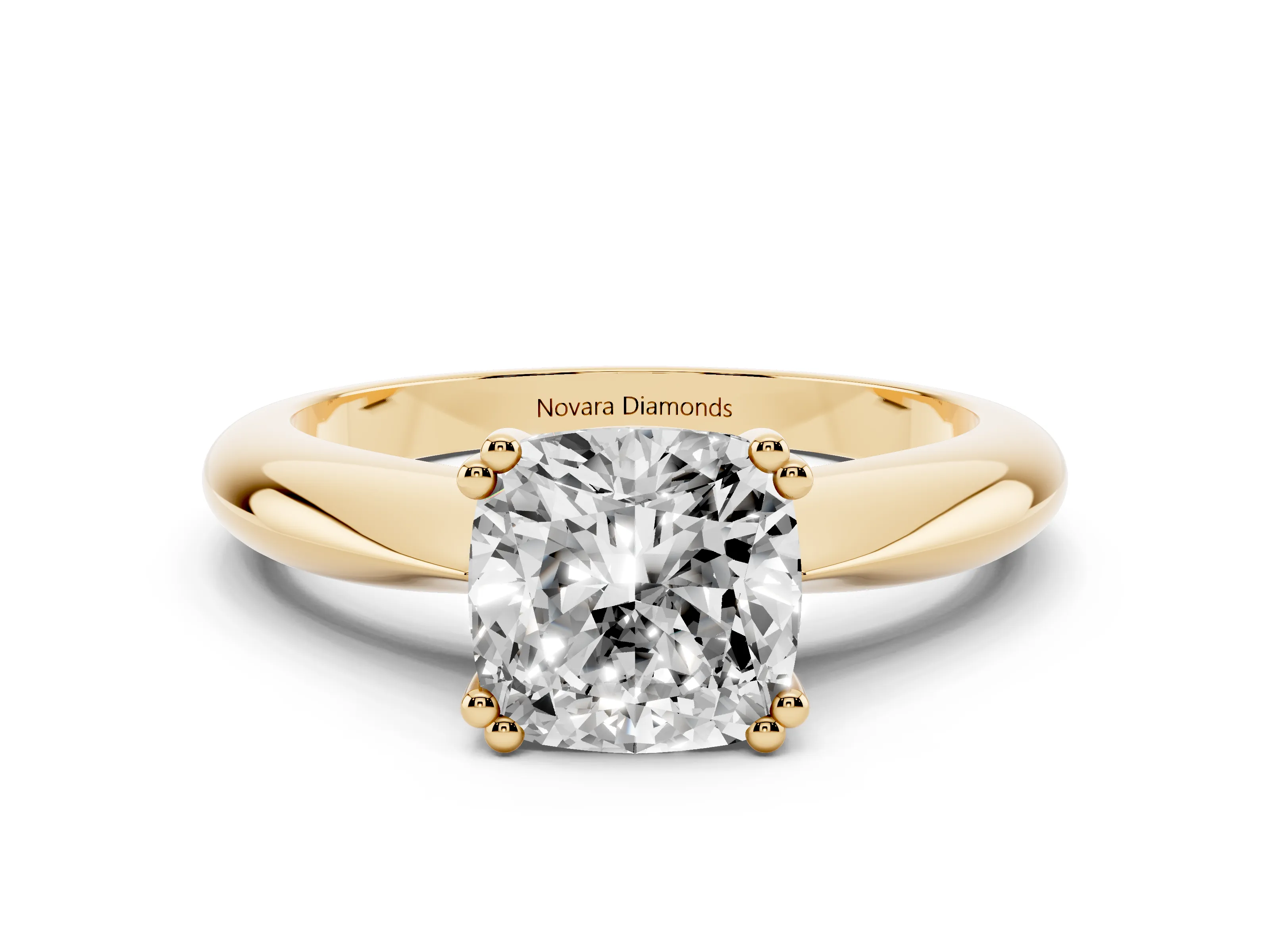 Cushion Cut Diamond Solitaire Engagement Ring Set in Yellow gold with Tapered Band and Prong Setting