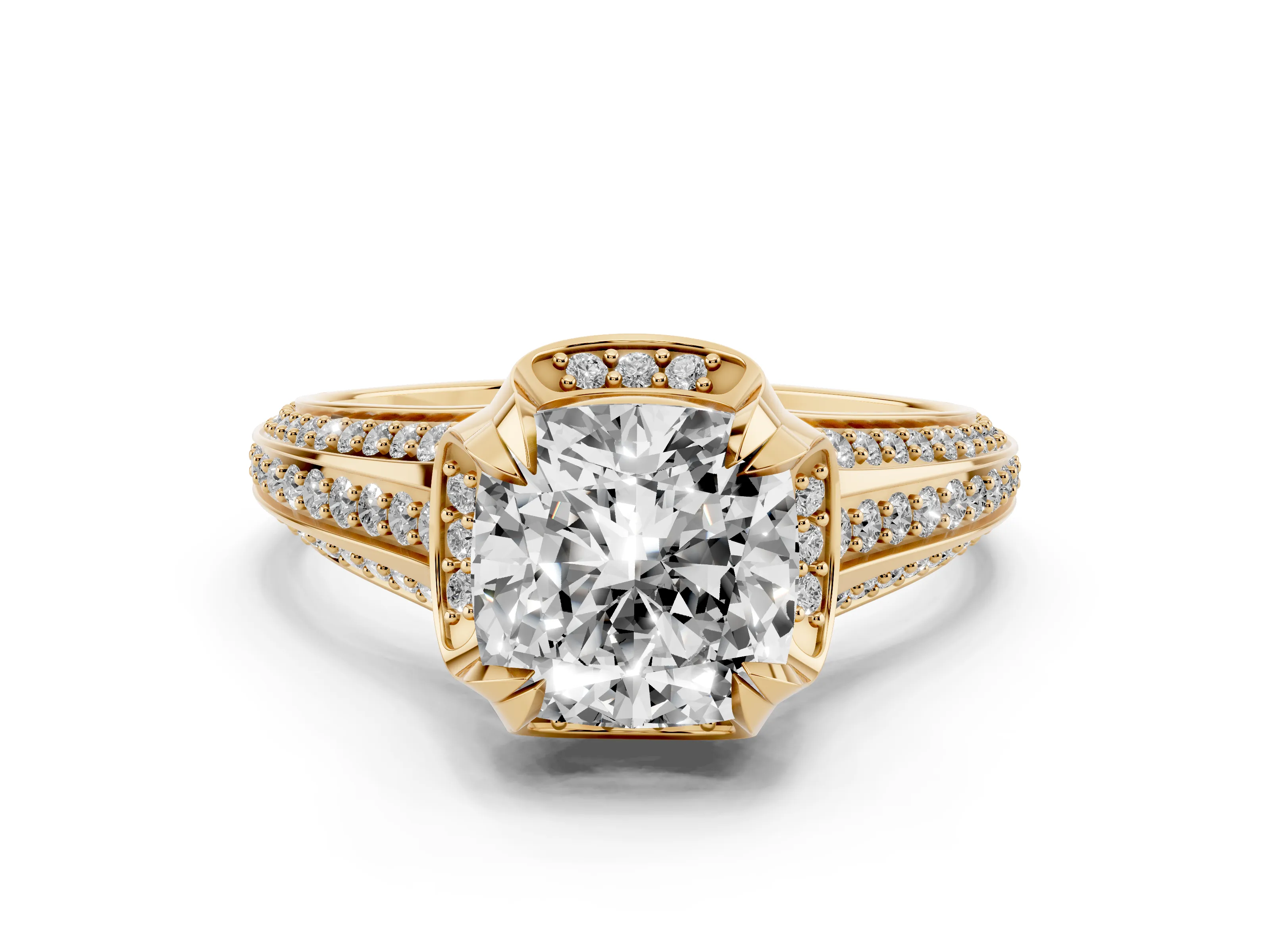 Cushion Cut Diamond Pavé Split Shank Solitaire Ring Set in Yellow gold with Prong Setting
