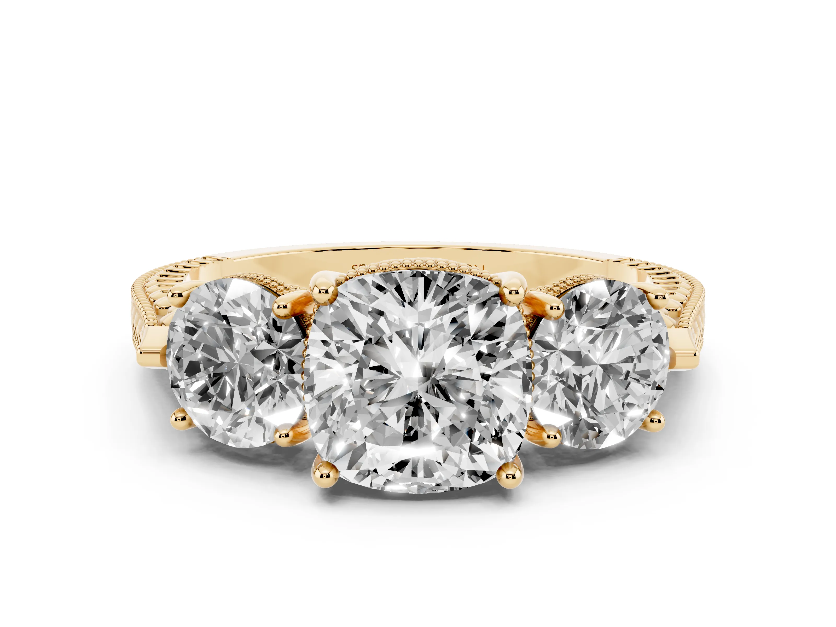 Cushion Cut Diamond Three-Stone Ring Set in Yellow gold with Milgrain Band