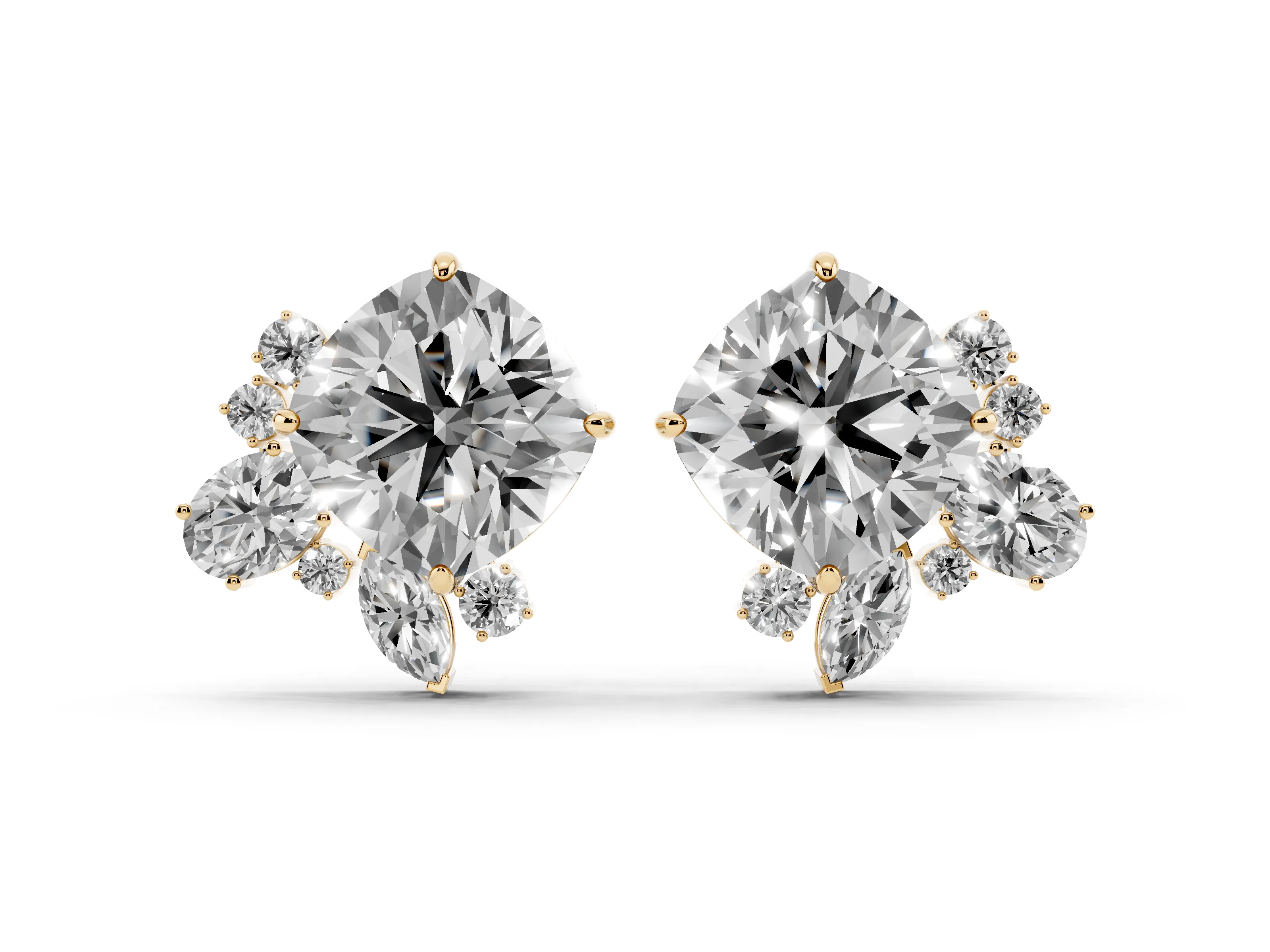 Cushion Cut Lab-Grown Diamond Asymmetric Cluster Stud Earrings | Mixed-Shape Spray | Yellow Gold