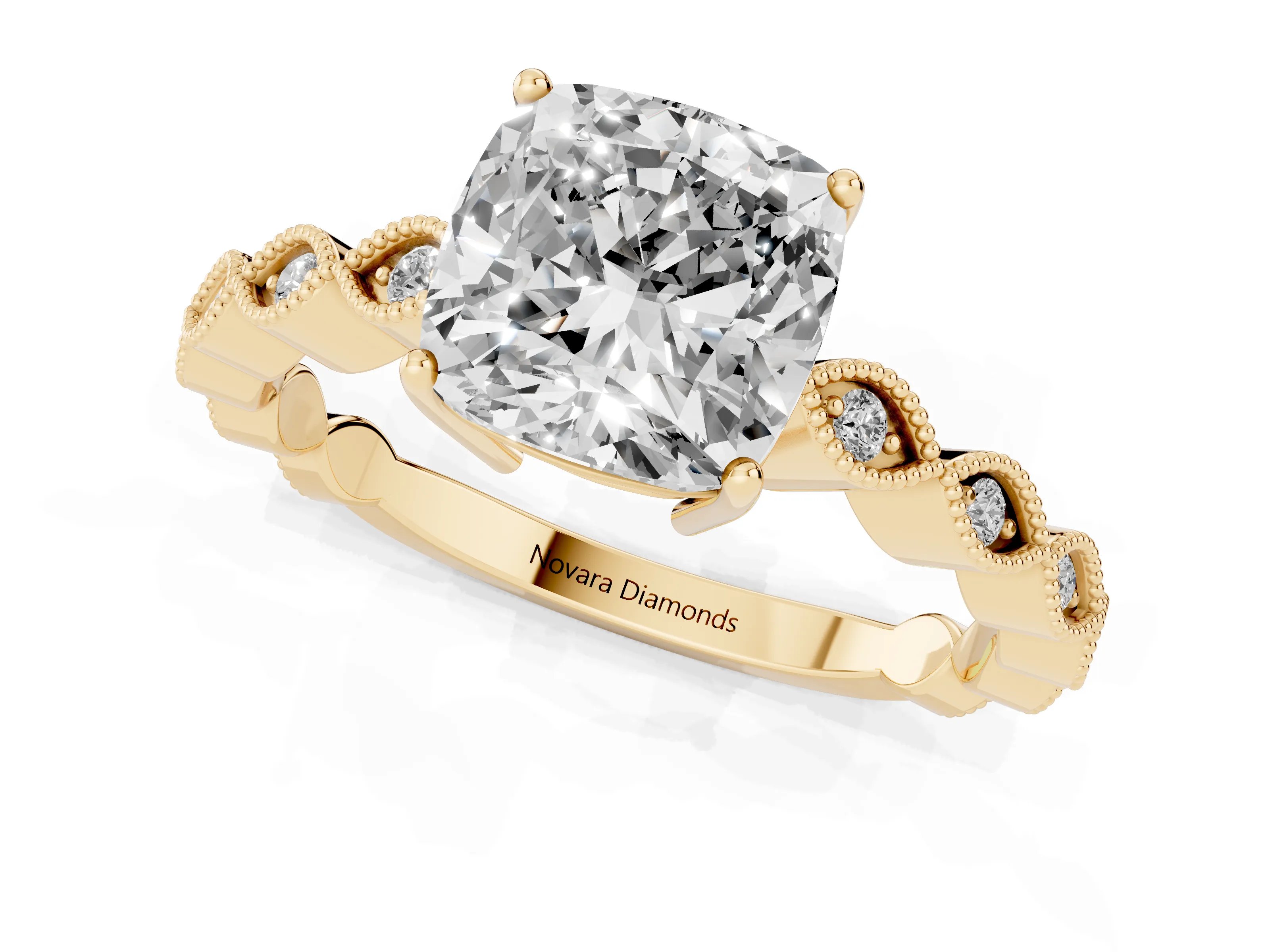 Cushion Cut Diamond Solitaire Ring Set in Yellow gold with Infinity Twist Pavé Band
